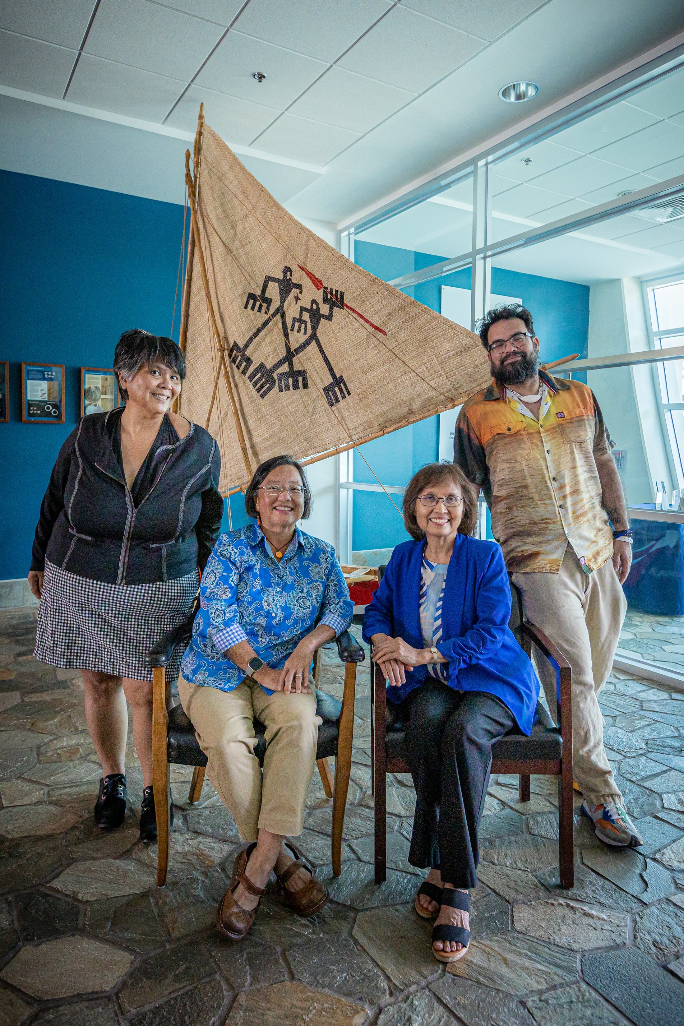 On-island members of the Na’huyong CHamoru Anthology Project editorial board. From left, Teresita Perez, Anne Hattori, Evelyn Flores, and Michael Bevacqua.