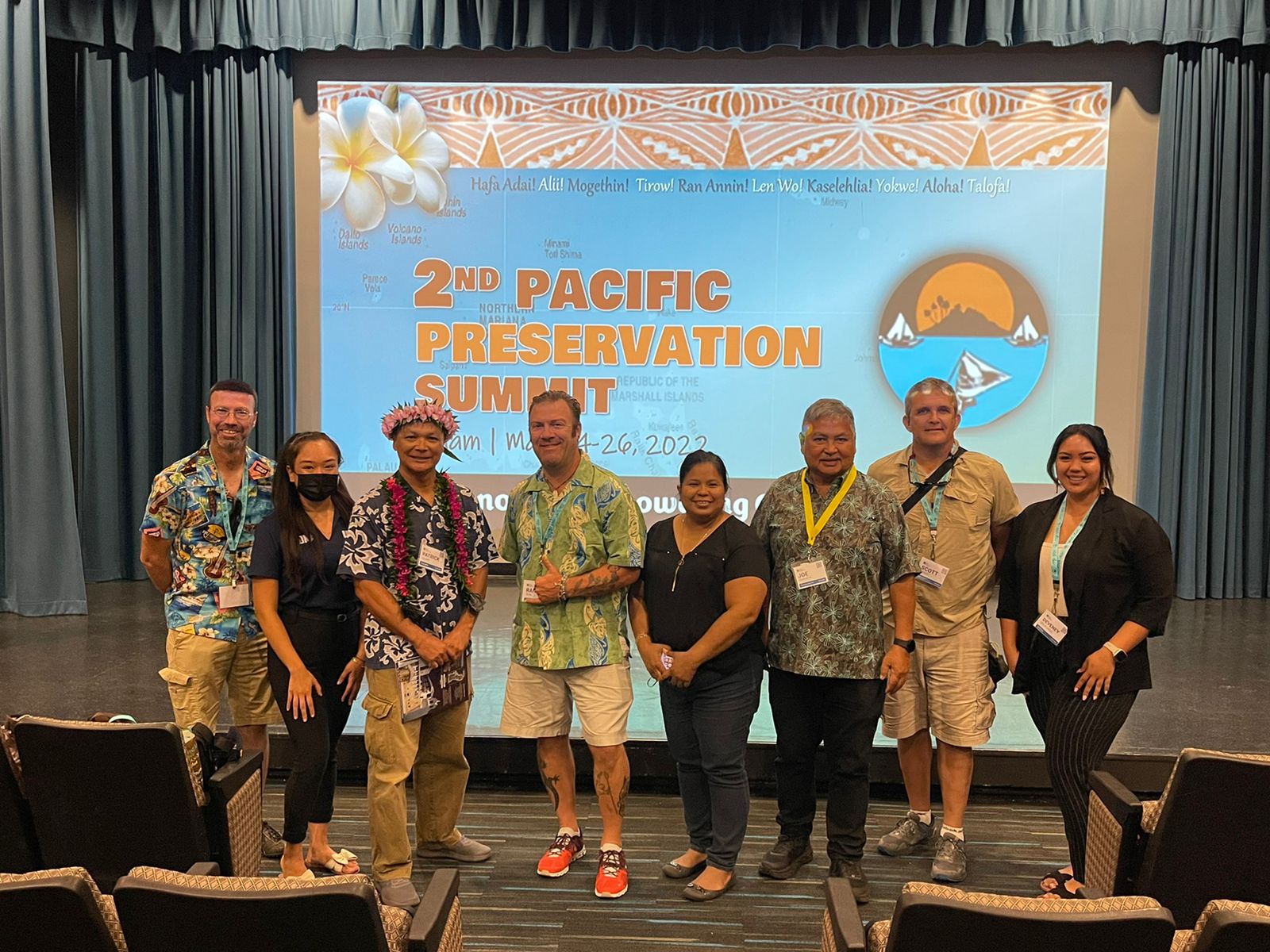 On May 24-26, 2022, the 2nd Pacific Preservation Summit: Technology Empowering Cultural Heritage was hosted by the Guam Preservation Trust. Regional historical preservation offices and those involved in historic/cultural preservation were invited to attend and learn about the use of technology to promote historic and cultural preservation.  From left,  Infrastructure and Recovery Program Lead Archaeologist Jeremy Freeman; IRP Anthropologist Keona DLG Torres, Guam State Historic Preservation Officer Patrick Lujan, IRP Lead Biologist Randy Teal, IRP Coordinator Marianne Concepcion-Teregeyo, Guam Preservation Trust Chief Program Officer Joe Quintana, IRP Archaeologist Scott Bierly and IRP Project Liaison Deveney Dela Cruz.