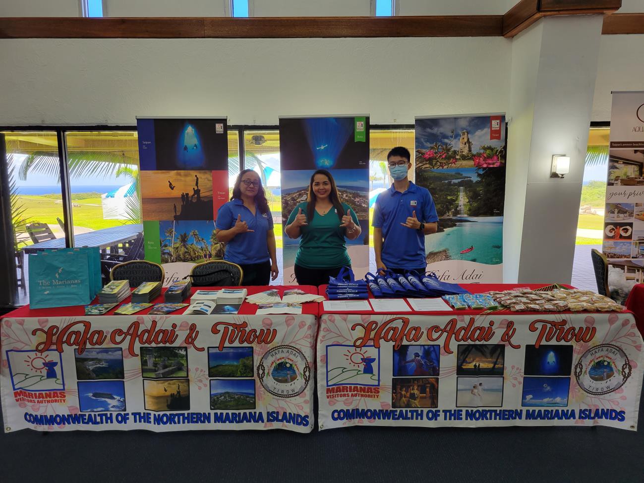 From left, Marianas Visitors Authority Marketing Specialist Brenda Repeki, Managing Director Priscilla M. Iakopo, and Marketing Specialist Justin Poon promote the Northern Marianas at the Military MWR Go Local Trade Show on May 26, 2022, at Anderson Air Force Base, Guam.
