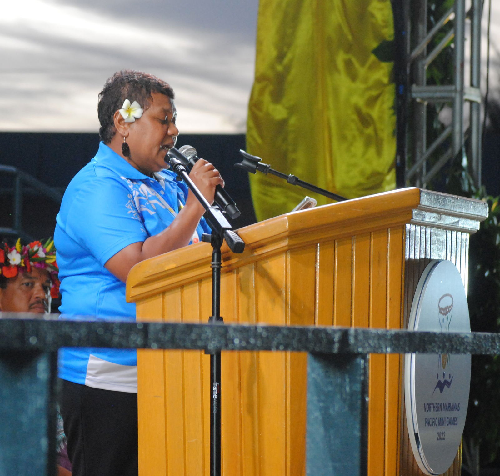 Palau National Olympic Committee Secretary General Joyleen Baklai Temengil shares a few words during  the closing ceremony of the 2022 Pacific Mini Games on Saturday at the Oleai Sports Complex.