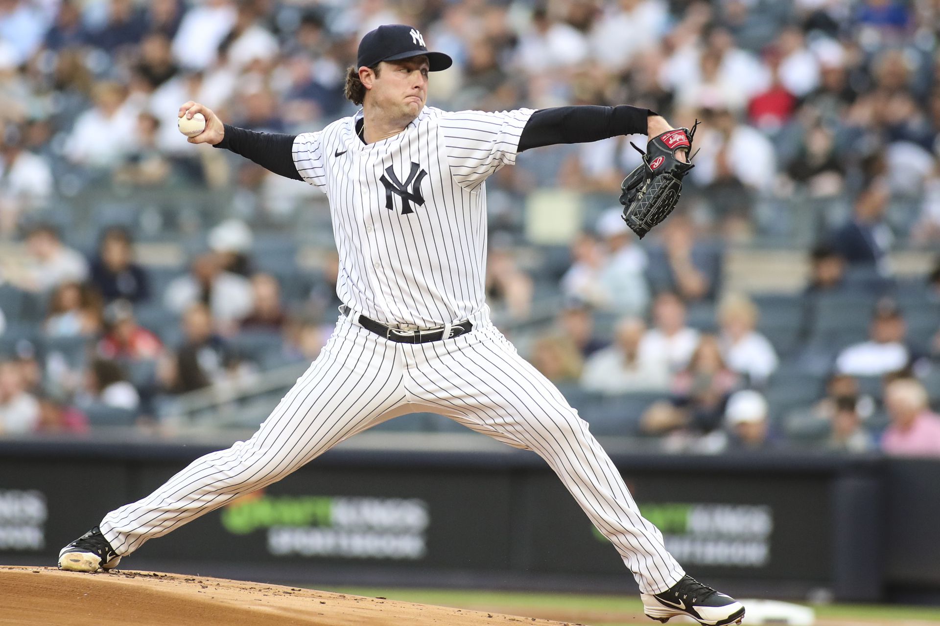 New York Yankees starting pitcher Gerrit Cole (45) pitches in the first inning against the Detroit Tigers at Yankee Stadium in the Bronx, New York on June 3, 2022.