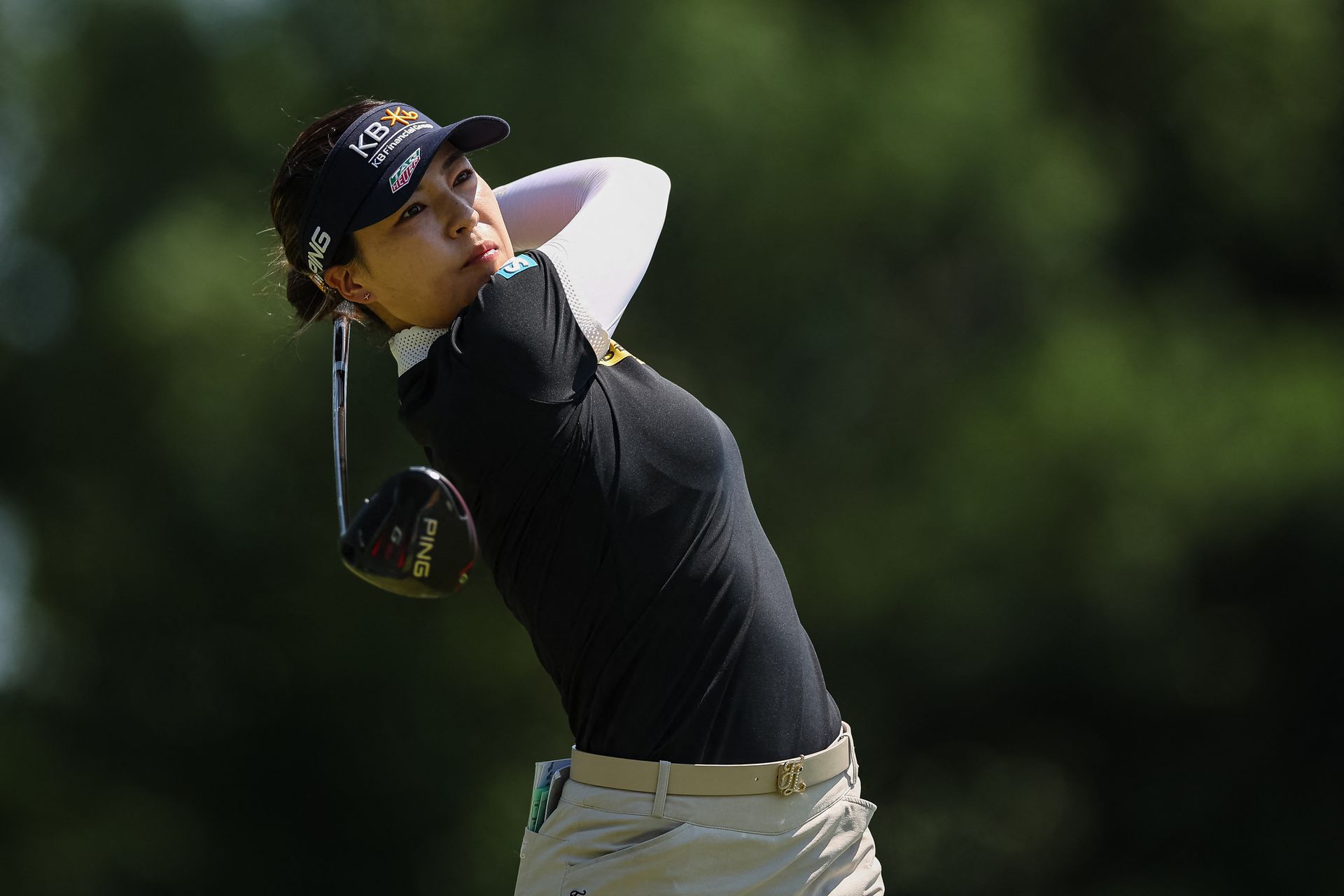 In Gee Chun plays her shot from the fifth tee during the final round of the KPMG Women's PGA Championship golf tournament at Congressional Country Club in Bethesda, Maryland on June 26, 2022.