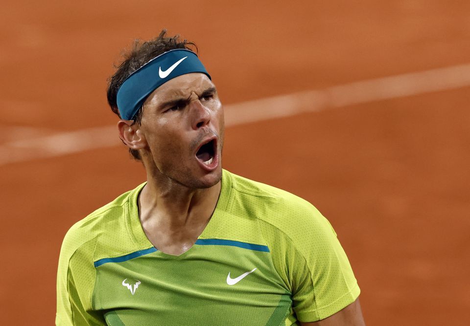 Spain's Rafael Nadal reacts during his quarterfinal match against Serbia's Novak Djokovic in the French Open at Roland Garros, Paris, France on June 1, 2022.