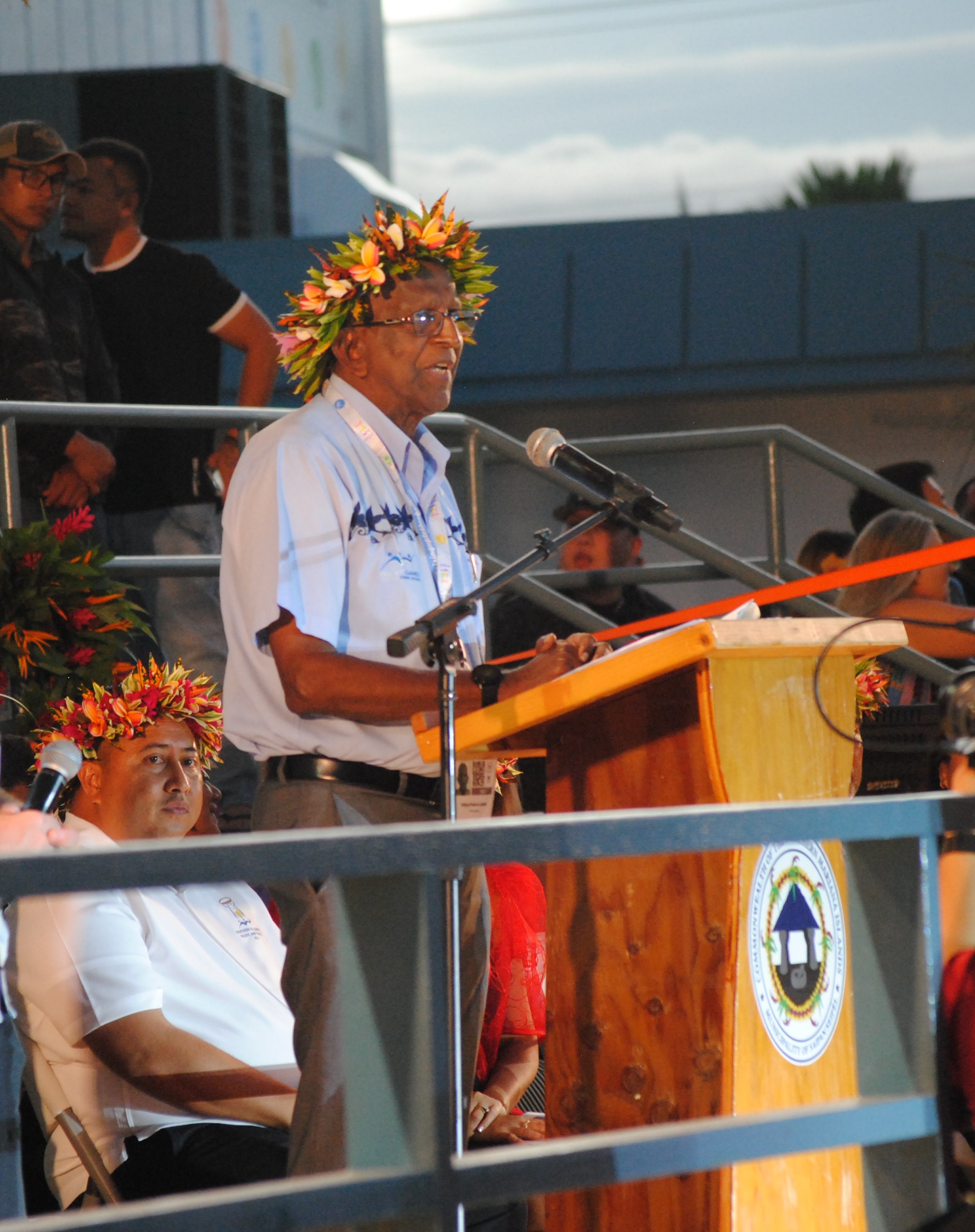 Pacific Games Council President Vidhya Lakhan delivers his  remarks while Gov. Ralph DLG Torres listens at the Oleai Sports Complex Friday.