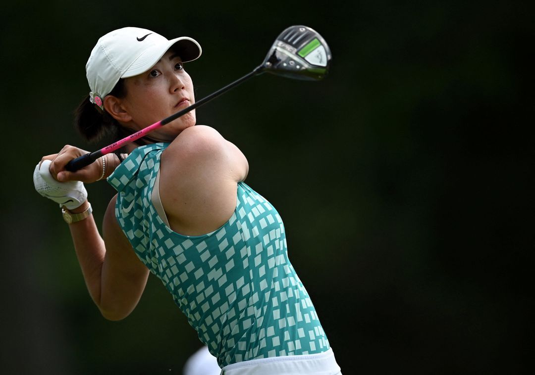 Michelle Wie West plays her shot from the 18th tee during the first round of the KPMG Women's PGA Championship golf tournament at the Atlanta Athletic Club in John's Creek, Georgia on June 24, 2021.