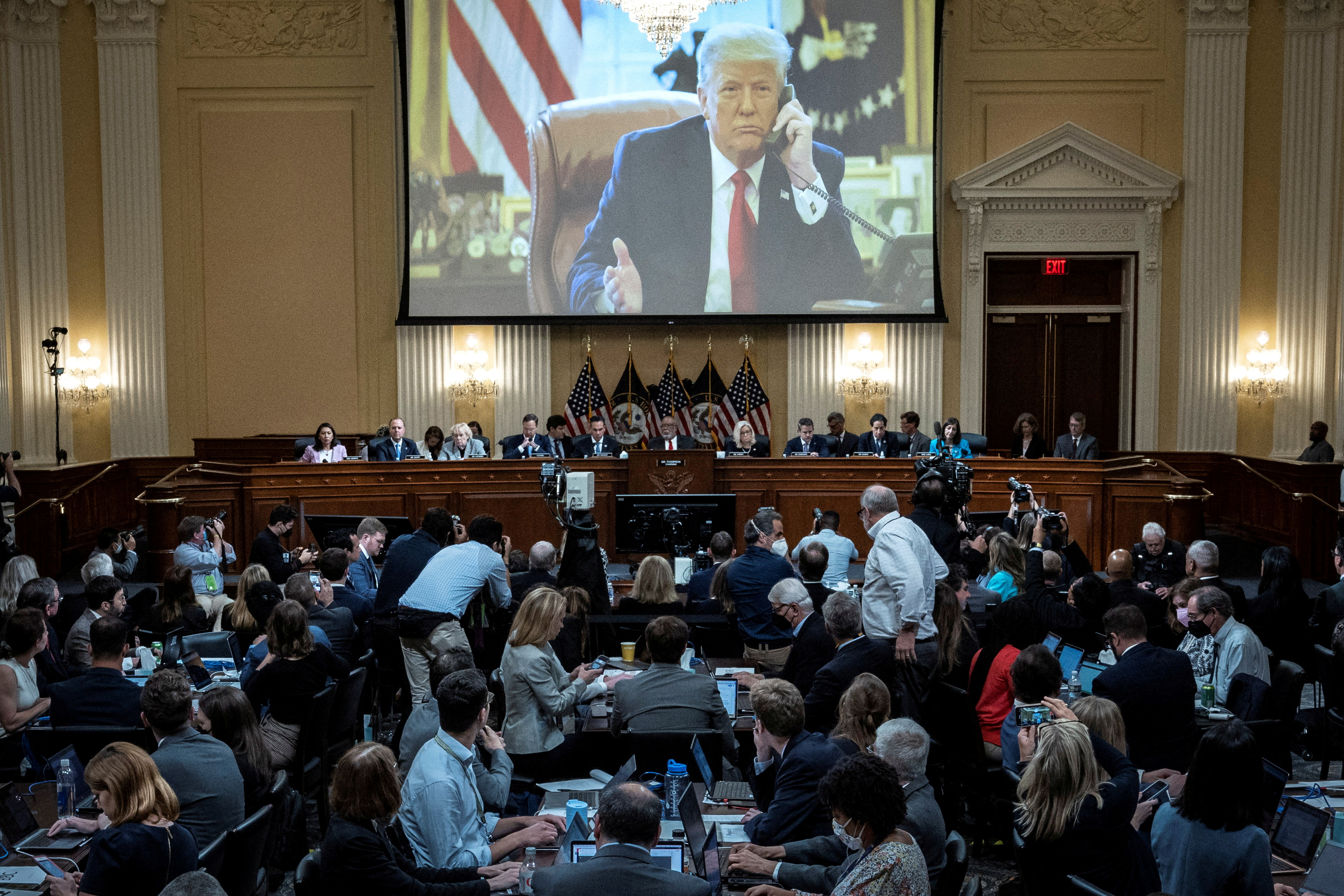 An image of former President Donald Trump is displayed during the third hearing of the House Select Committee to Investigate the January 6th Attack on the U.S. Capitol in the Cannon House Office Building, on Capitol Hill, in Washington, D.C., June 16, 2022.