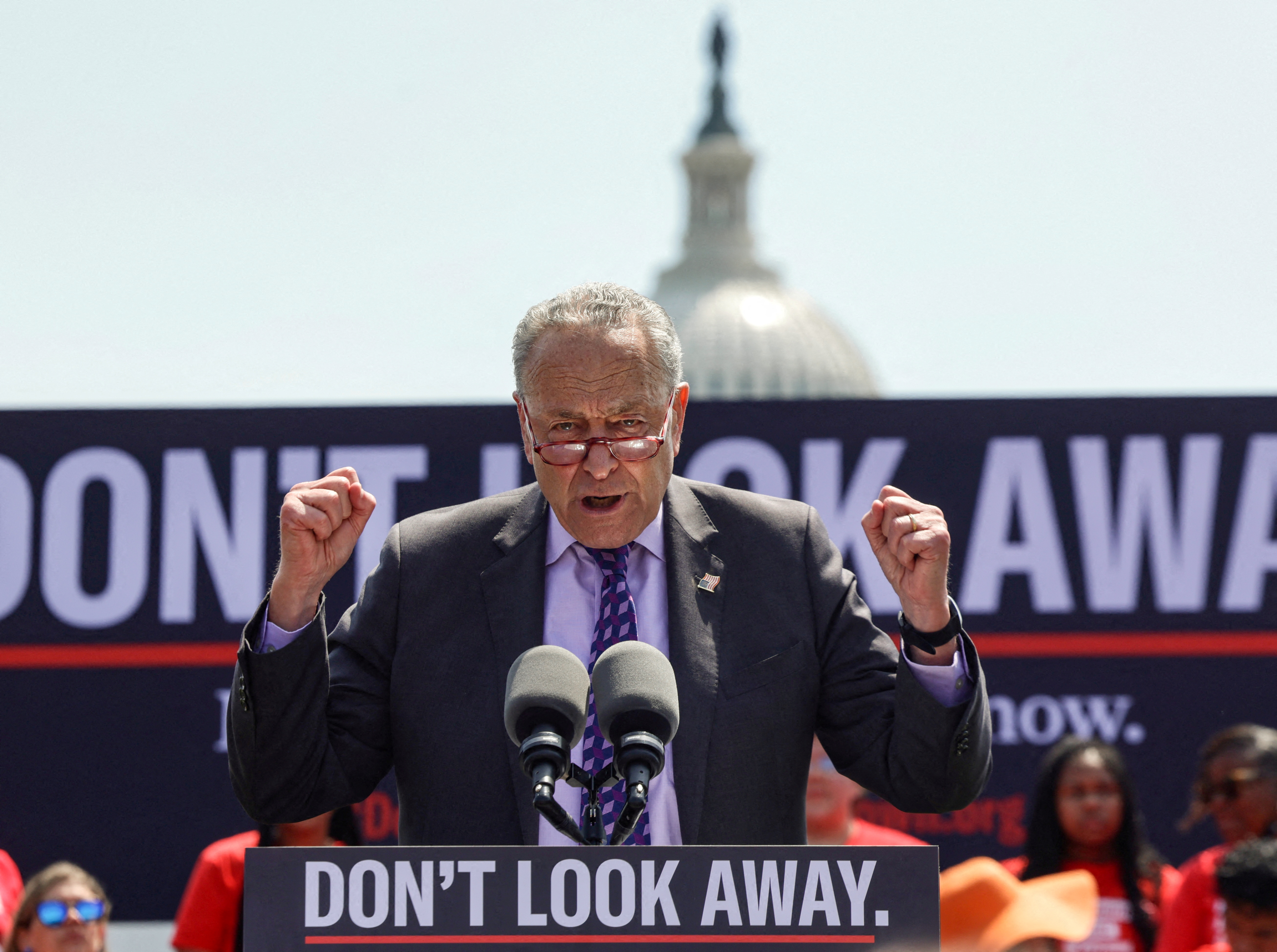 Senate Majority Leader Chuck Schumer, D-NY, speaks at a rally with gun violence prevention organizations, gun violence survivors and hundreds of gun safety supporters demanding gun legislation, outside the United States Capitol in Washington, D.C., June 8, 2022.