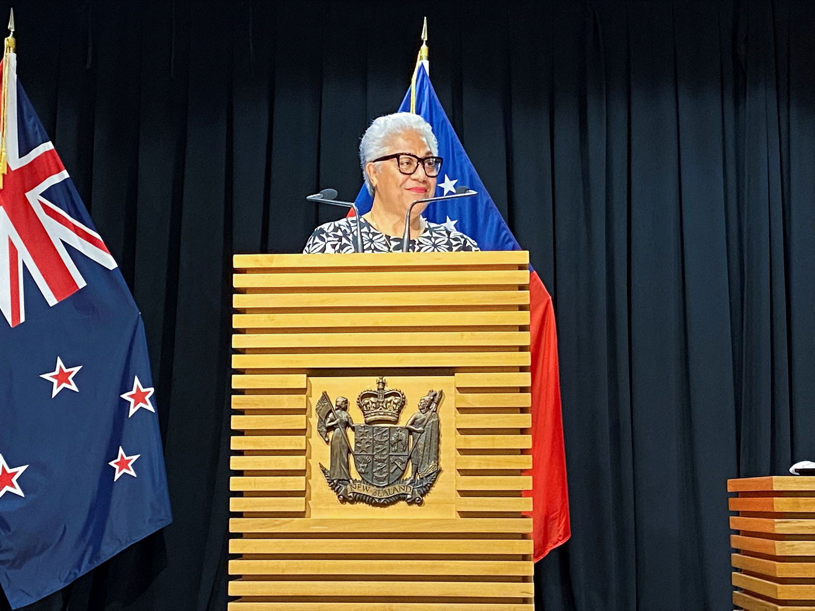 Samoan Prime Minister Fiame Naomi Mata'afa addresses members of the media during a joint news conference hosted with New Zealand Prime Minister Jacinda Ardern — not in picture — in Wellington, New Zealand, June 14, 2022.
