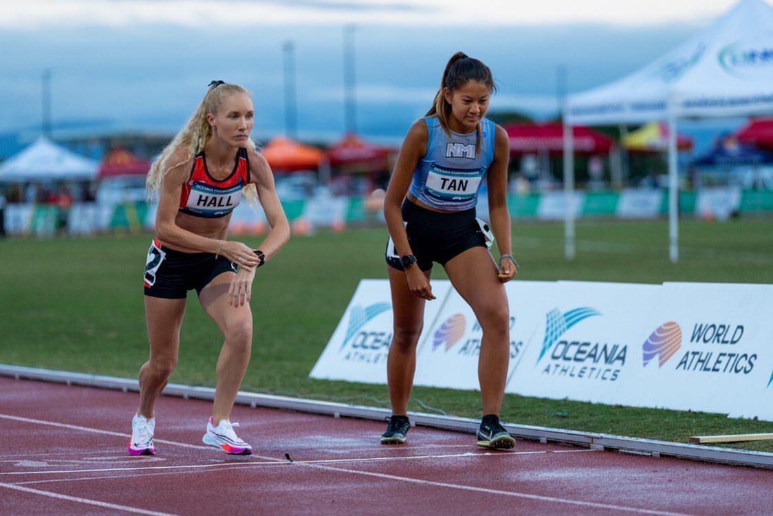 Audrey Hall of Regional Australia and the NMI's Tania Tan get ready for the the Women's 10,000m Run Senior of the 2022 Oceania Athletics Championships  in Mackay, Australia.