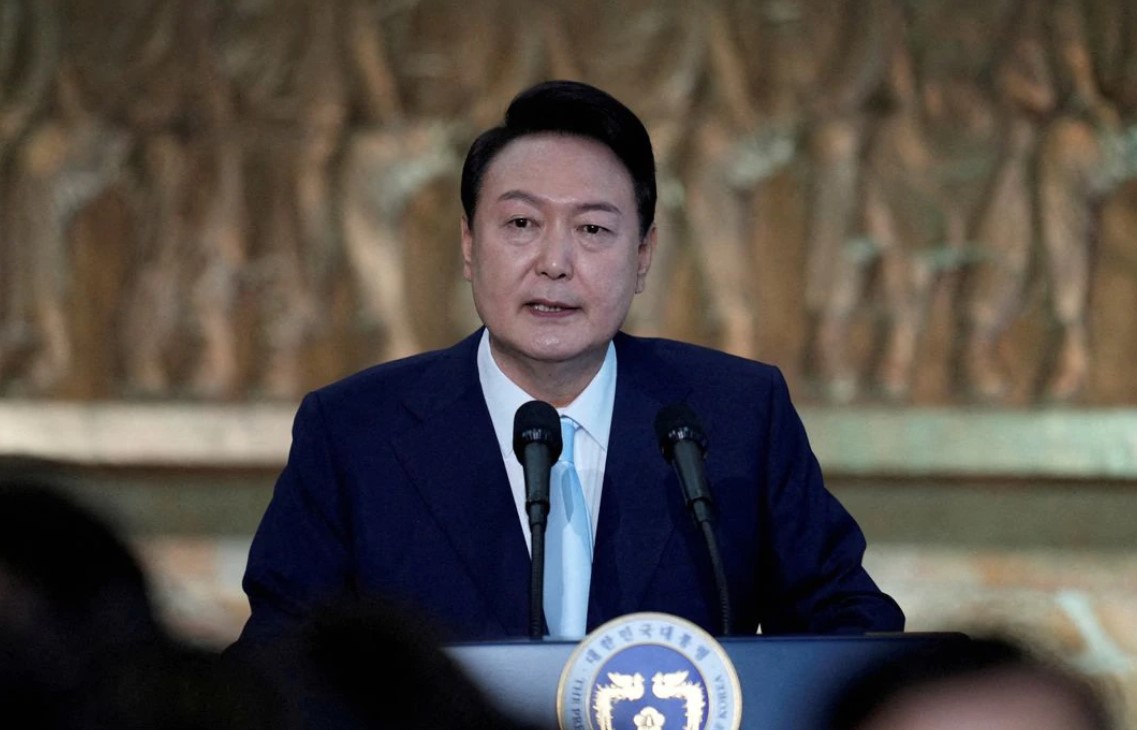 South Korea’s new President Yoon Suk Yeol speaks during the 20th presidential inaugural reception at the National Assembly in Seoul, South Korea on May 10, 2022.