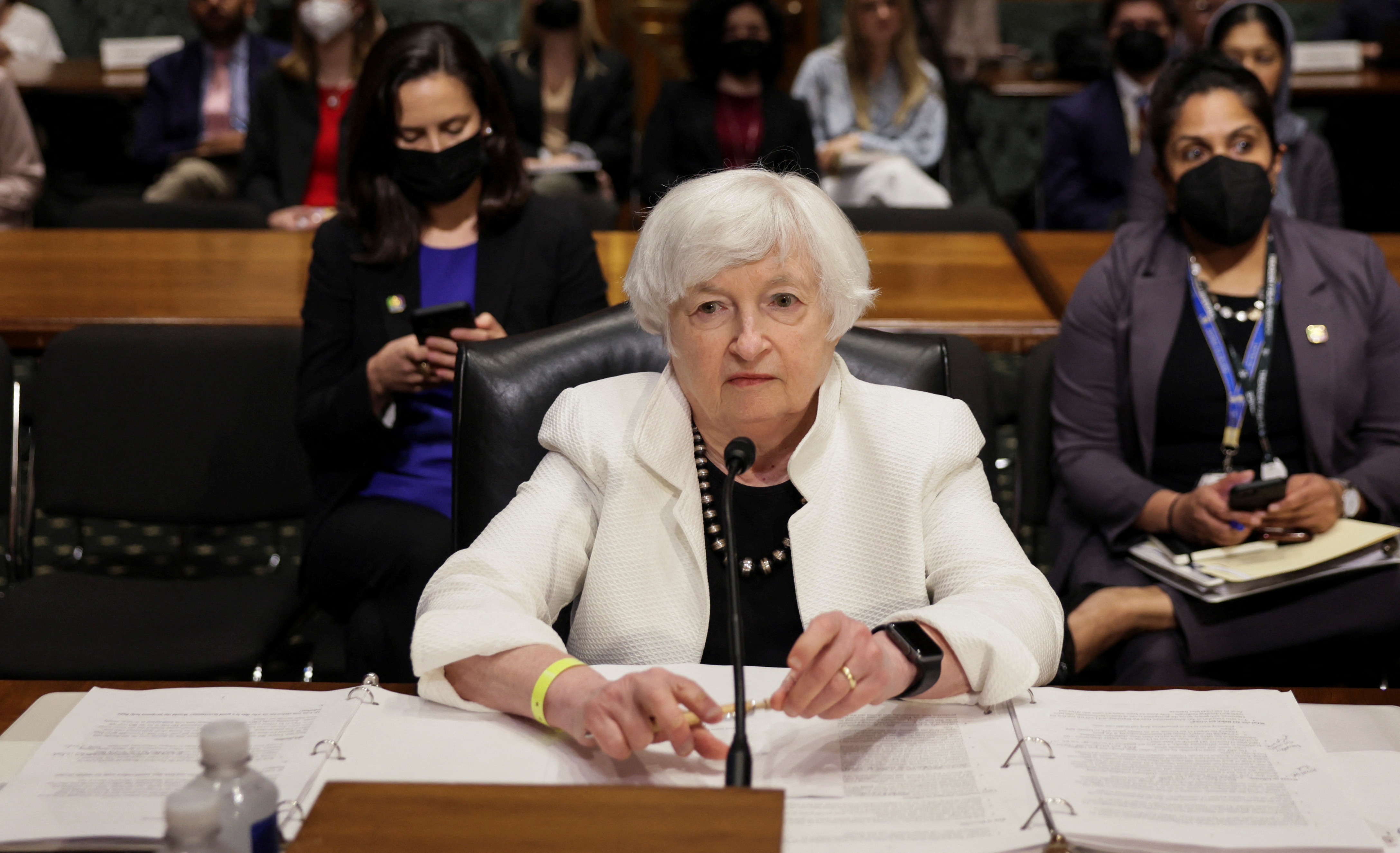 U.S. Treasury Secretary Janet Yellen is seated to testify before a Senate Finance Committee hearing on President Biden's 2023 budget, on Capitol Hill in Washington, D.C., June 7, 2022.