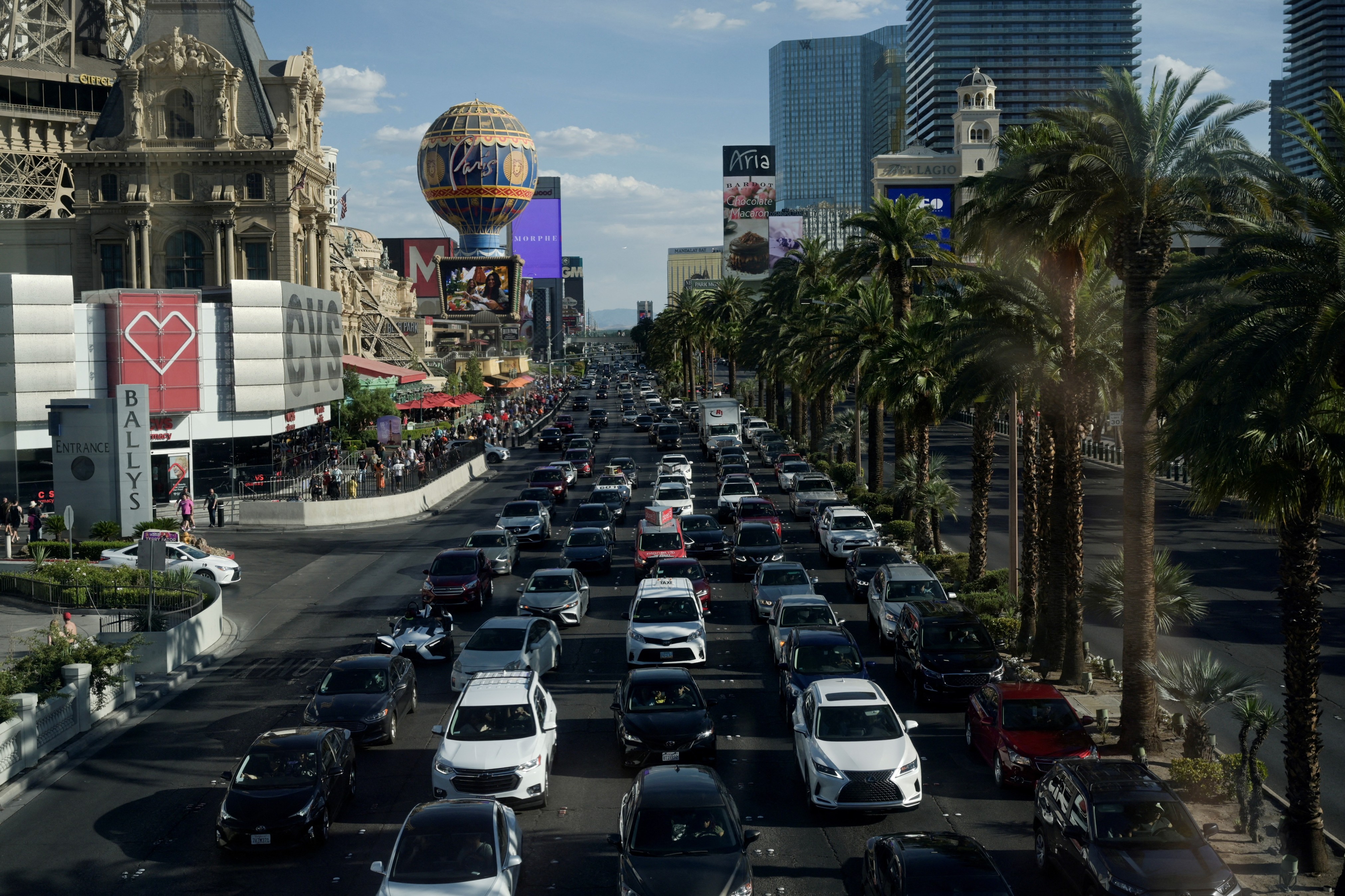 Traffic is seen along the Strip on Memorial Day in Las Vegas, Nevada, May 31, 2021.