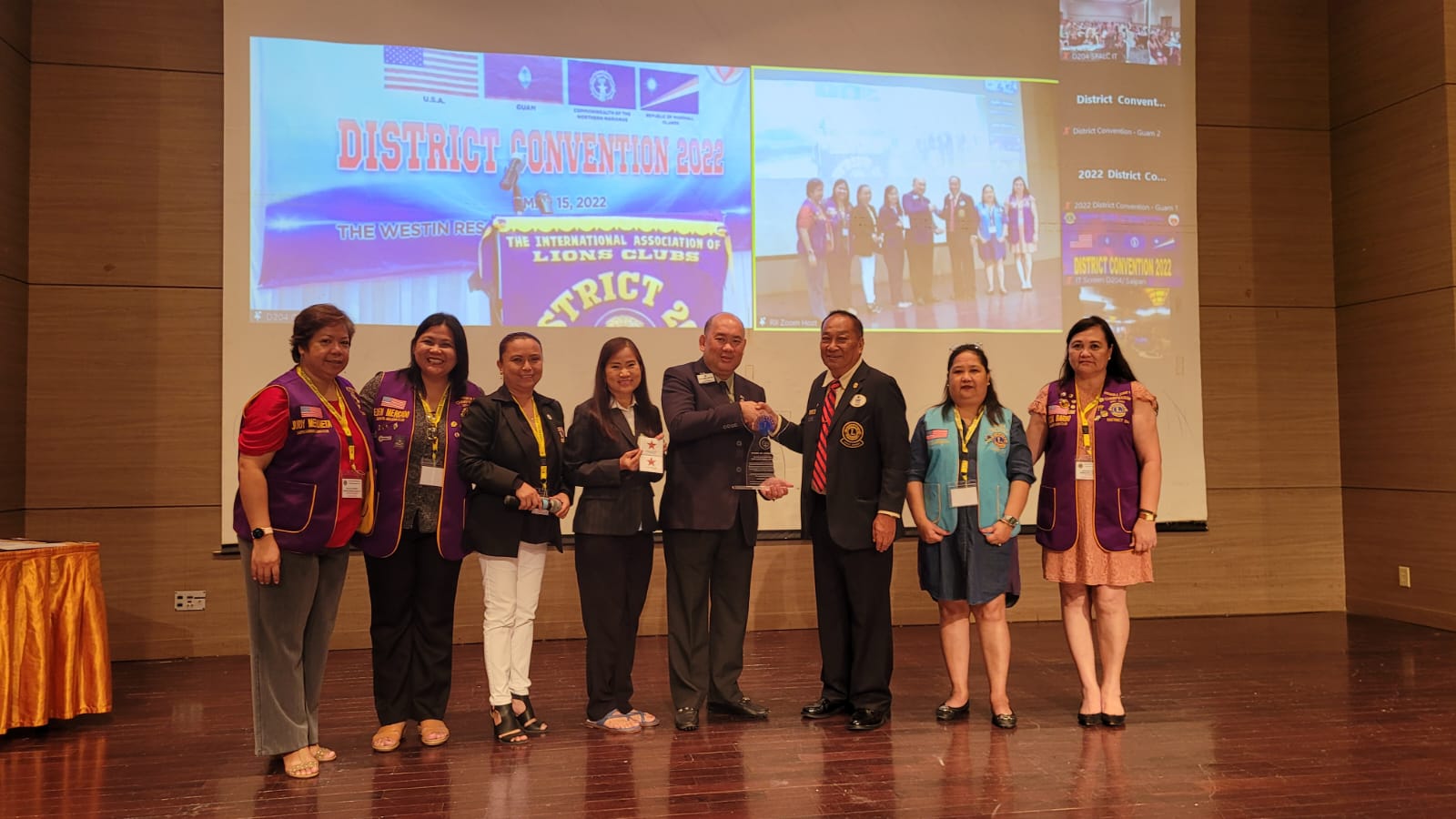 Token of appreciationLions Clubs International District 204 through District Governor Atoy Banting presents a token of appreciation and two Macy's gift certificates to Global Action Team Area 5 leader and past Council Chairman George Ong-Tan and Lion Lady Rosita Lim Ong-Tan to recognize and thank them for their generous donations, their guidance and assistance on the  first successful GAT Night Celebration 2022 .  The presentation was held on May15 during the district convention at the World Resort Saipan.  From left are District Treasurer Judy Mendieta, Region 2’s Eden Mercado, Global Service Team Coordinator Annamae Adaza-Mayuga, Rosita Lim Ong-Tan, George Ong-Tan, Banting, Lion Theresa Marquez and Zone 2 Chair Alicia Barbo.