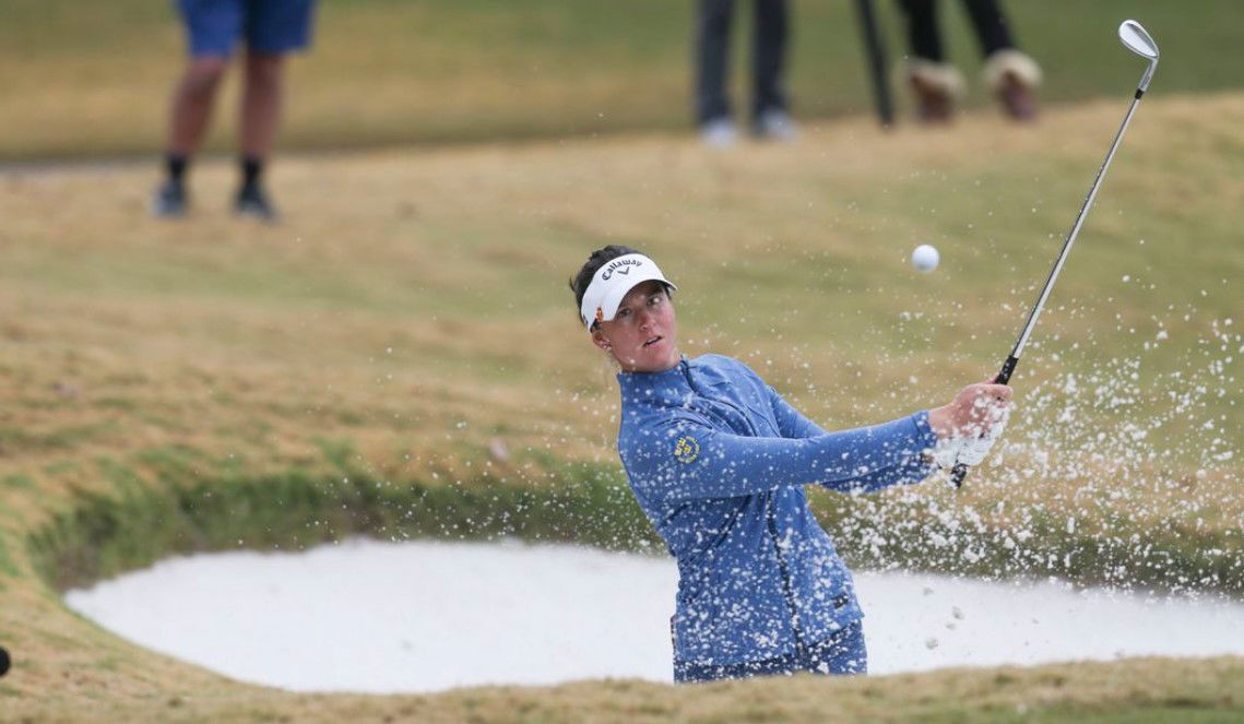 Linn Grant hits out of the bunker on the first hole during the third round of the U.S. Women's Open golf tournament at Champions Golf Club in Houston, Texas on Dec. 12, 2020.