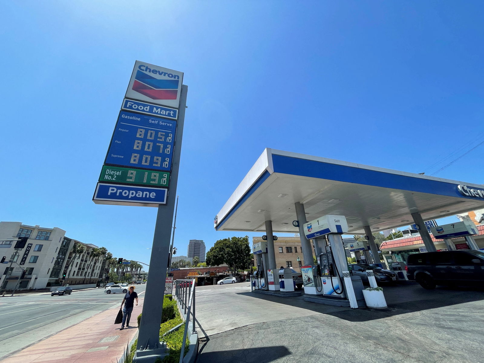 Gas prices over the $8.00 mark are advertised at a Chevron Station in Los Angeles, California, May 30, 2022.