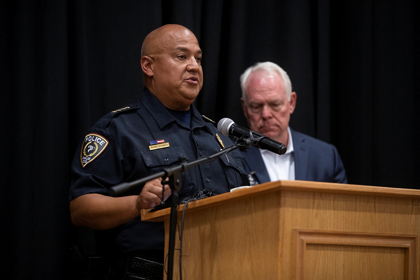Uvalde Police Chief Pete Arredondo speaks at a press conference following the shooting at Robb Elementary School in Uvalde, Texas, May 24, 2022.
