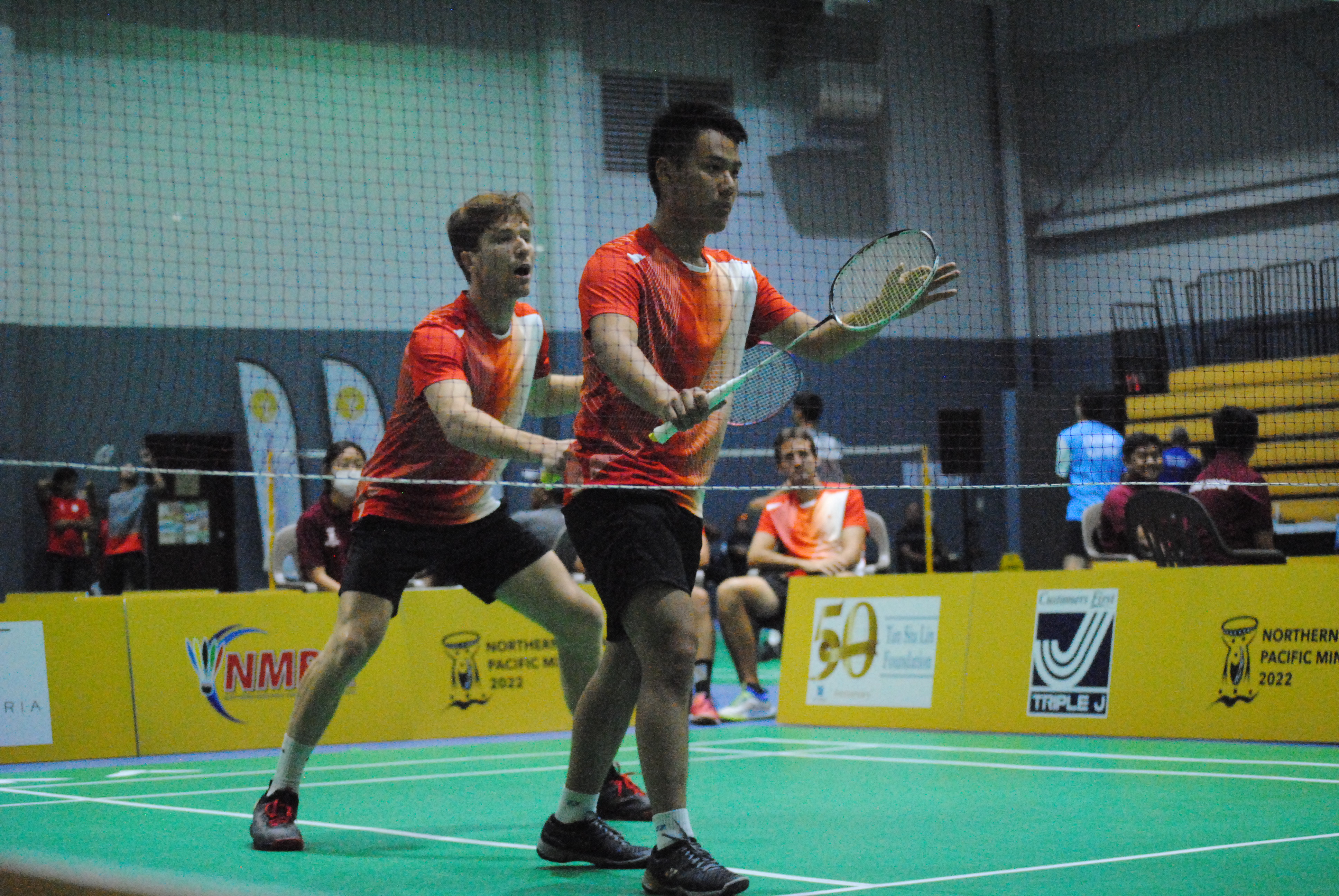 Tahiti's Remi Rossi and Kyliam Scilloux in action in a Men's Doubles match Monday in the 2022 Pacific Mini Games at the Ada gym.