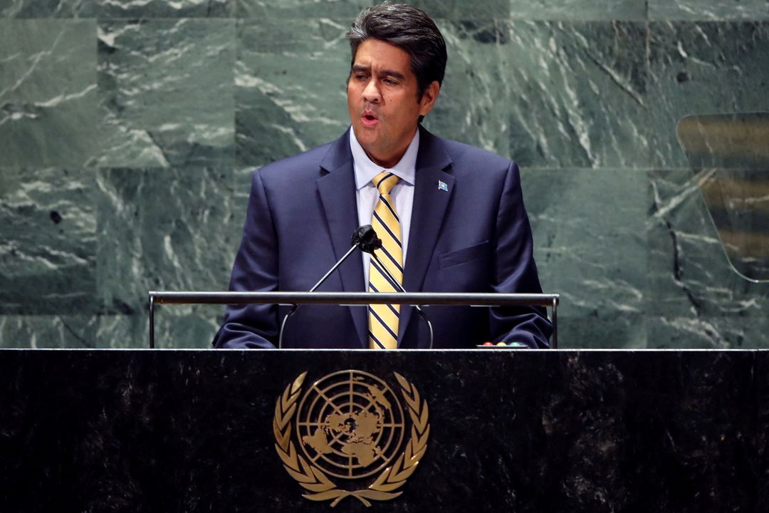 Palau's President Surangel Whipps Jr. speaks during the annual gathering for the 76th session of the United Nations General Assembly  in New York City on Sept. 21, 2021.