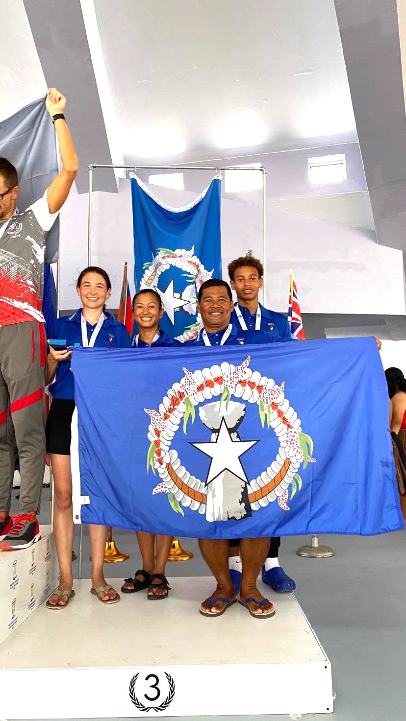 The NMI's Heather Brook, Kathy Ruszala, Leo Wania and Isaiah Aleksenko won the bronze in the team aquathlon event of the 2022 Pacific Mini Games Triathlon on Rota.