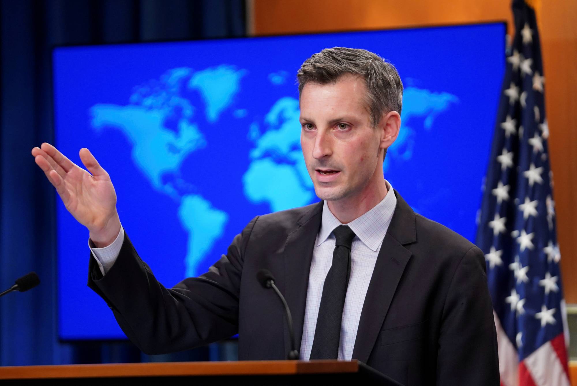 U.S. State Department spokesman Ned Price speaks to reporters during a news briefing at the State Department in Washington, D.C., Feb. 17, 2021.