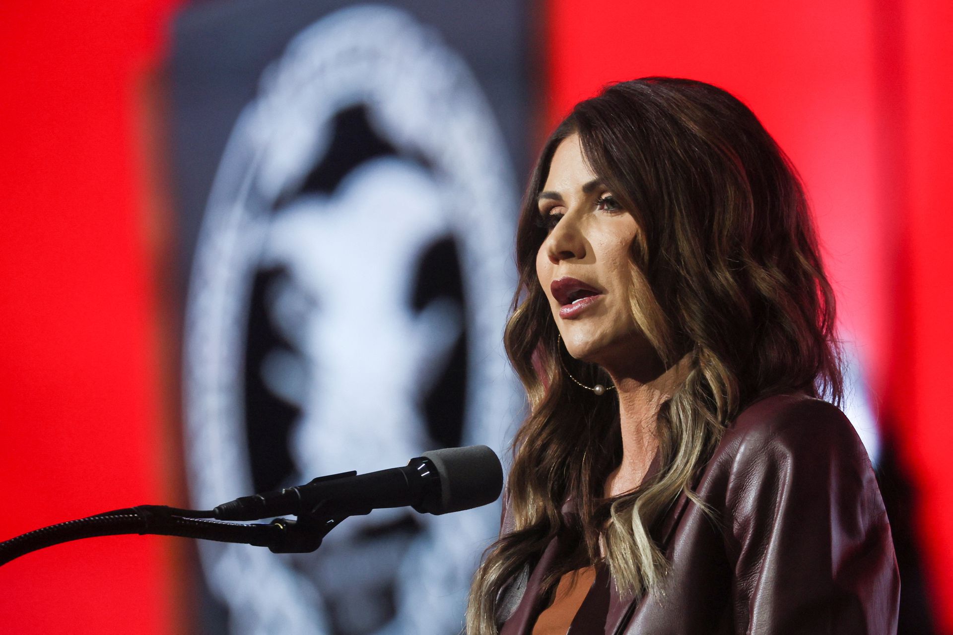 South Dakota Gov. Kristi Noem speaks at the NRA-ILA Leadership Forum during the National Rifle Association annual convention in Houston, Texas, May 27, 2022.