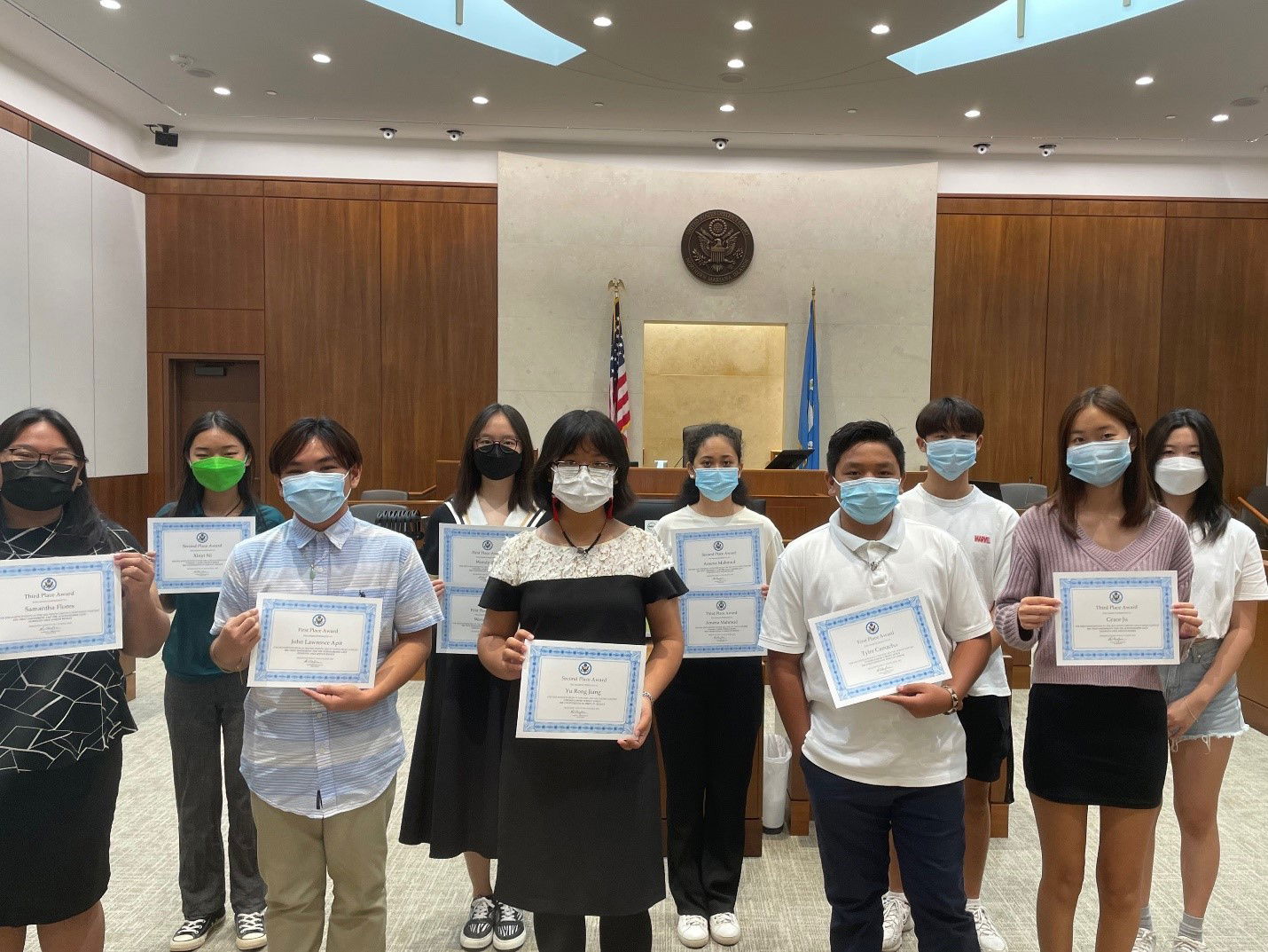 Front row: Samantha Flores, John Lawrence Apit, Yu Rong Jiang, Tyler Camacho, and Grace Ju. Back row: Xinyi Ni, Wendy Zha, Amena Mahmud, Seongeon Heo, and Grace Kim.