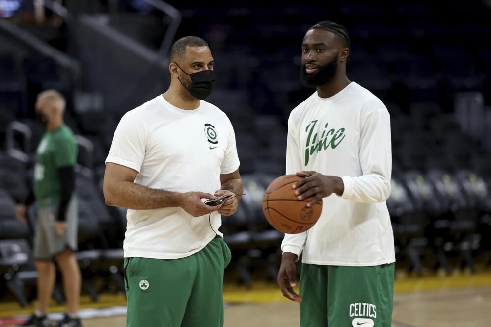 Boston Celtics guard Jaylen Brown, right, speaks with coach Ime Udoka during NBA basketball practice in San Francisco, Wednesday, June 1, 2022.