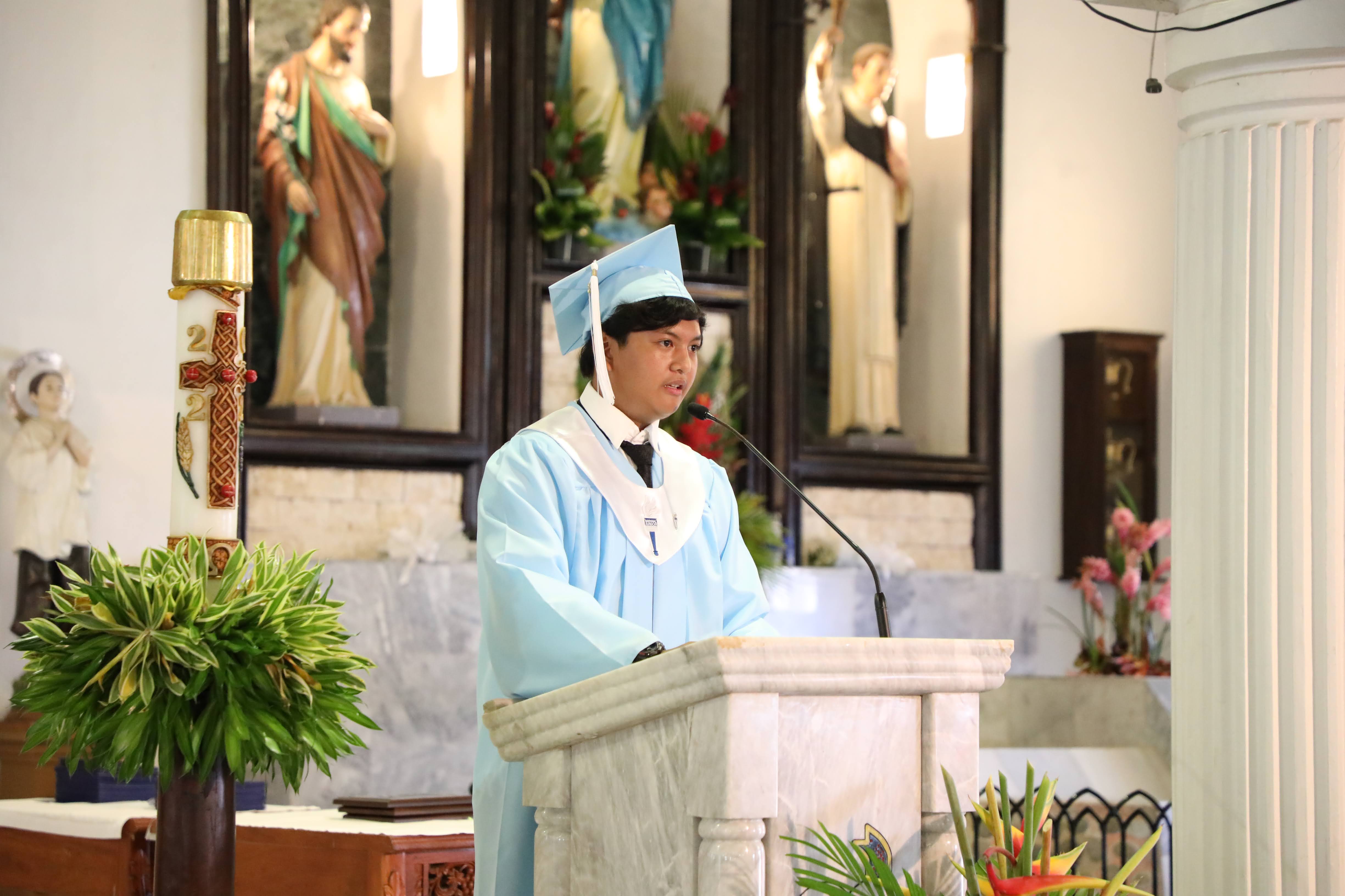 Mount Carmel School’s 8th-grade class valedictorian William Matthew B. Cano  gives his valedictory address during the school’s 2022 promotion ceremony on June 4, 2022.