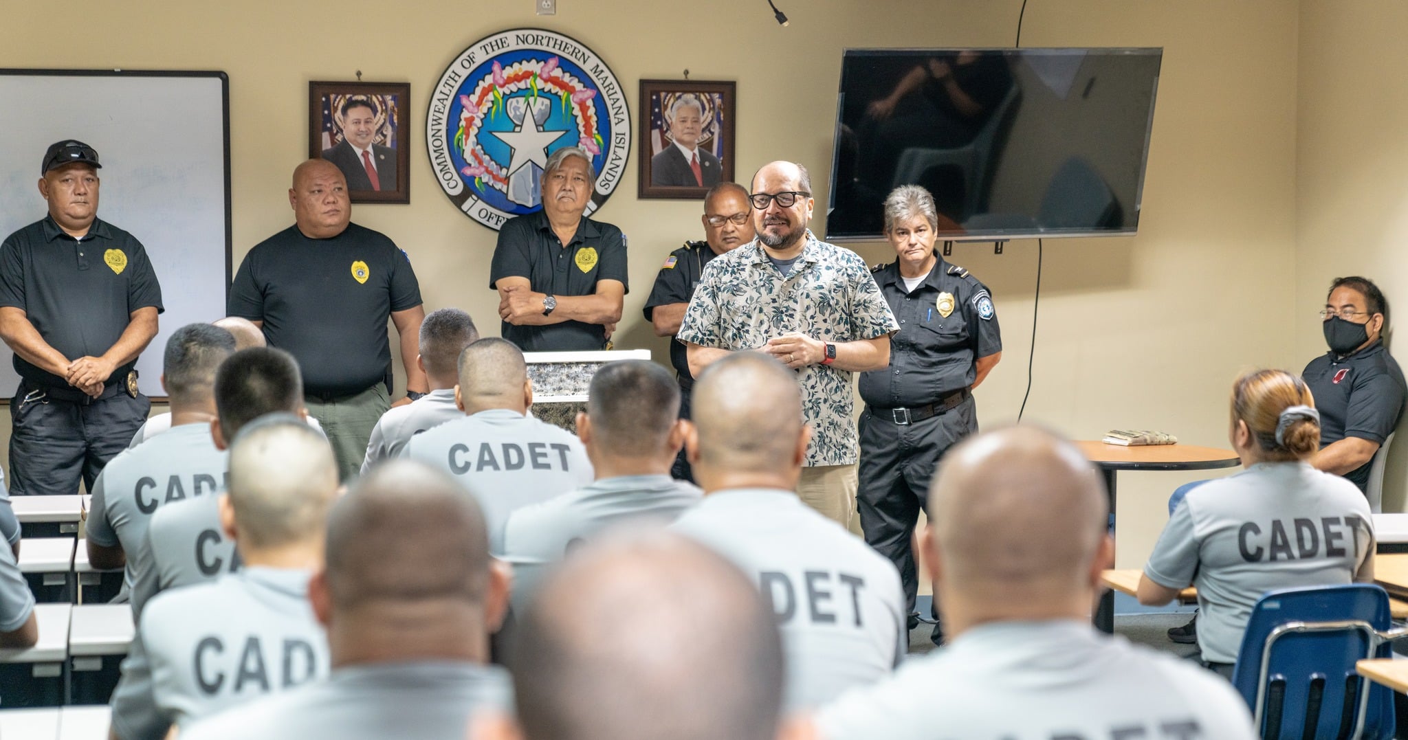 Northern Marianas College President Galvin Deleon Guerrero, EdD, speaks with the 9th Cycle Corrections Academy cadets during an information session last week. Also in photo are the Corrections Academy trainers.