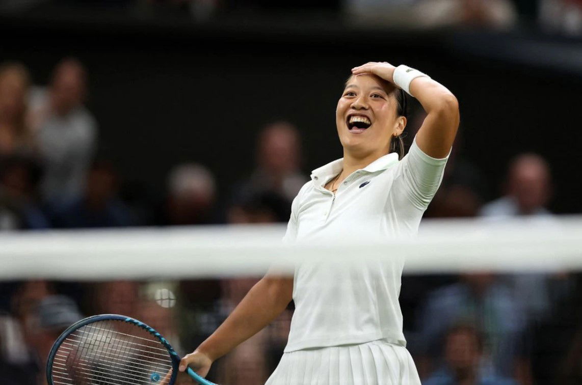 France's Harmony Tan celebrates winning her first round match against Serena Williams of the U.S. — 7-5, 1-6, 7-6(7) — at Wimbledon in London, Britain on June 28, 2022.