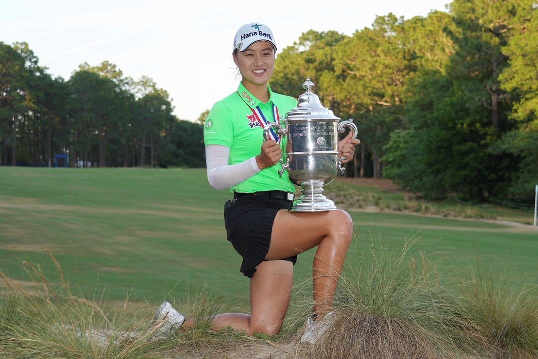 Minjee Lee poses with the U.S. Open Championship Trophy after winning the U.S. Women's Open in Southern Pines, North Carolina on June 5, 2022.