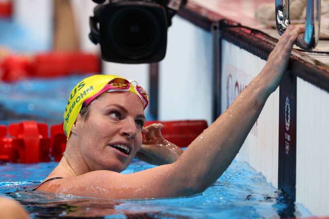 Emily Seebohm of Australia reacts after winning  a swimming event at the Tokyo Olympics on July 30, 2021