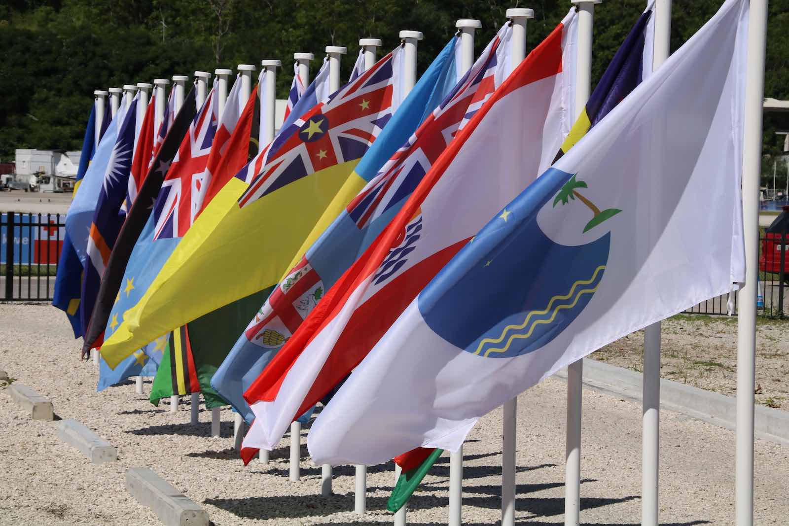 This picture taken on Sept. 5, 2018 shows flags from the Pacific Islands countries displayed in Yaren, Nauru on the last day of the Pacific Islands Forum.