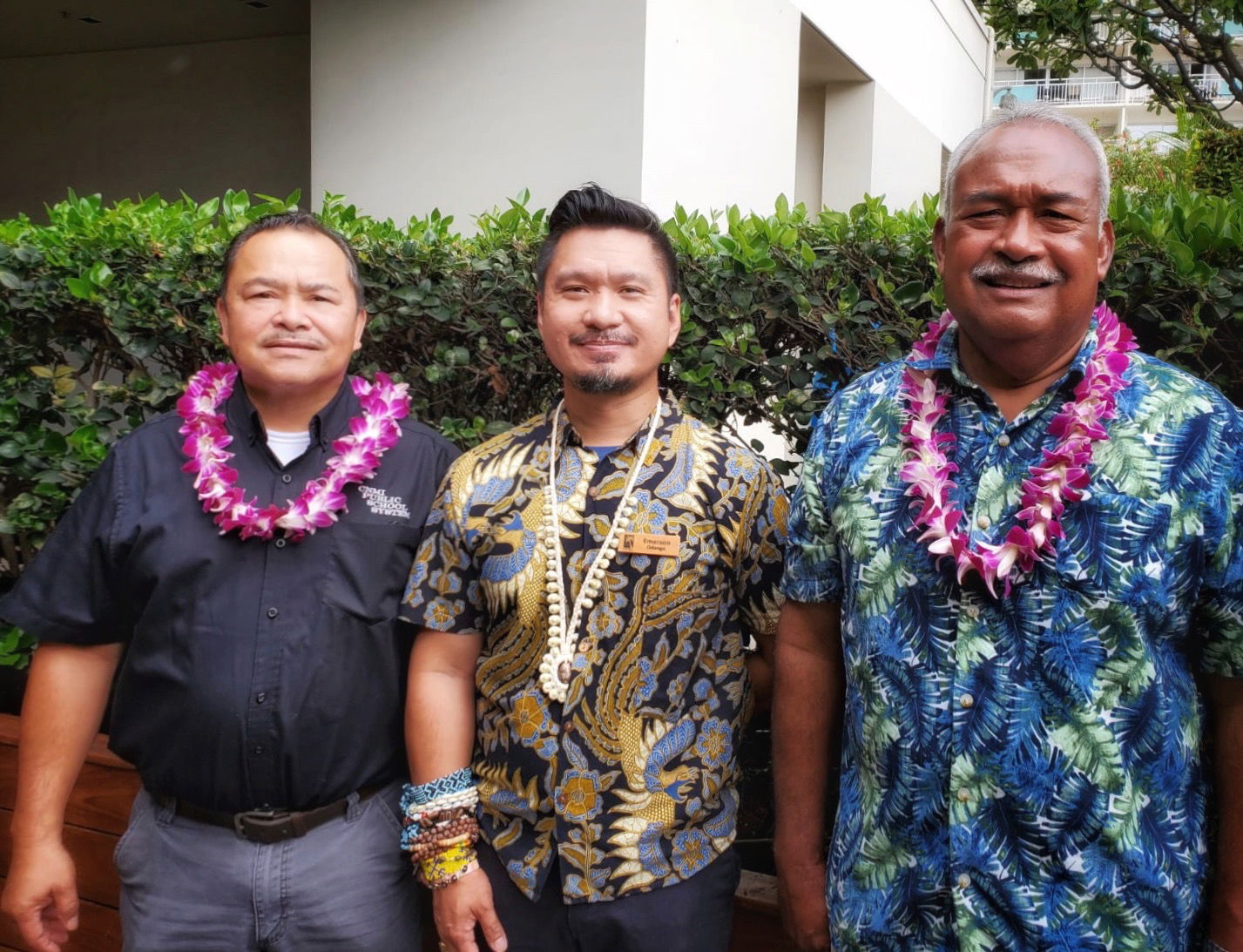 From left, CNMI Commissioner of Education Dr. Alfred B. Ada, Director of PREL’s Region 18 Comprehensive Center Dr. Emerson Odango, and Palau Community College President Dr. Patrick Tellei pose for a photo during a break from a Pacific education meeting on July 12 in Honolulu, Hawaii.