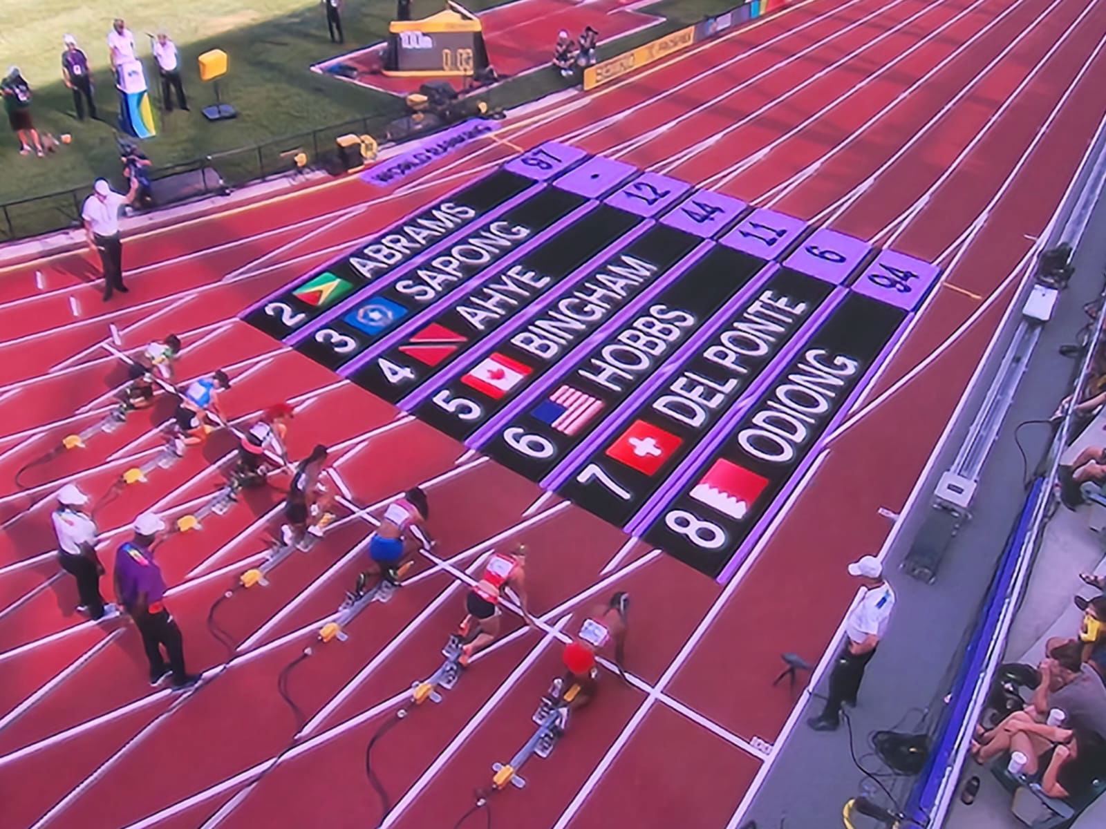 Zarinae Sapong's name is displayed before the start of the women’s 100m event of the World Athletics Championships  which is being held from July 15 to 24 at the University of Oregon.