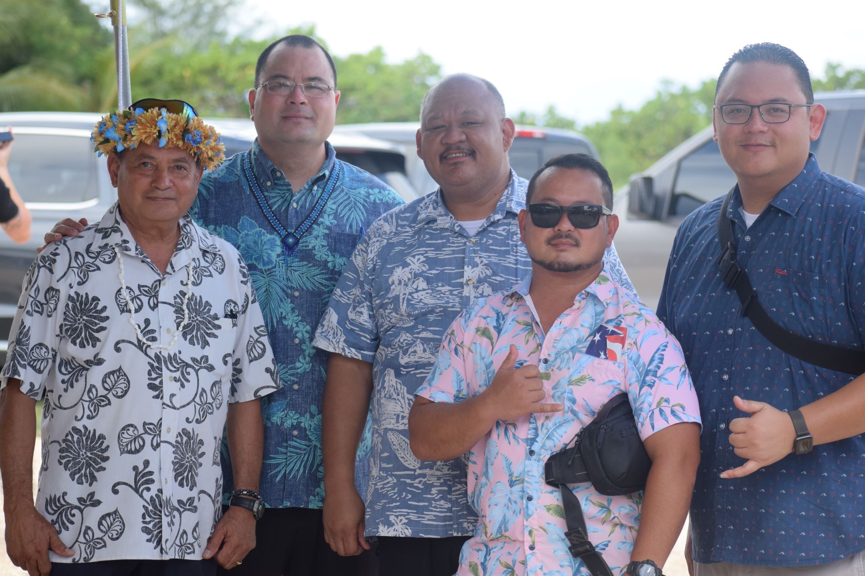 Rep. Donald Manglona, right, with Speaker Edmund S. Villagomez, second left, Reps. Richard Lizama, left, John Paul Sablan, center, and Joel Camacho, second left, pose for a photo during the Liberation Day celebration at Garapan Fishing Base on Monday.