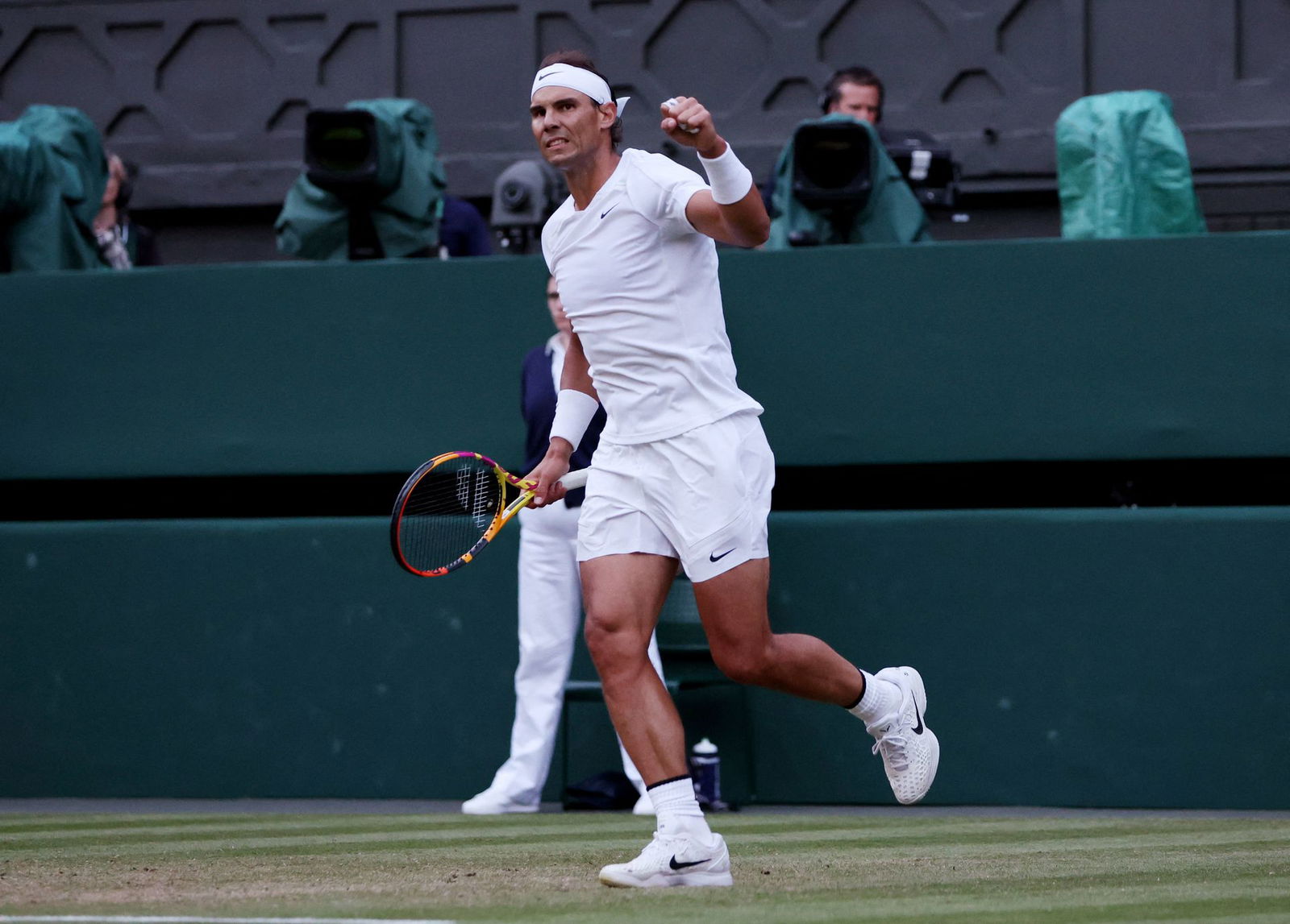 Spain's Rafael Nadal celebrates winning his fourth round match against Netherlands' Botic van de Zandschulp at Wimbledon in London, Britain on July 4, 2022.