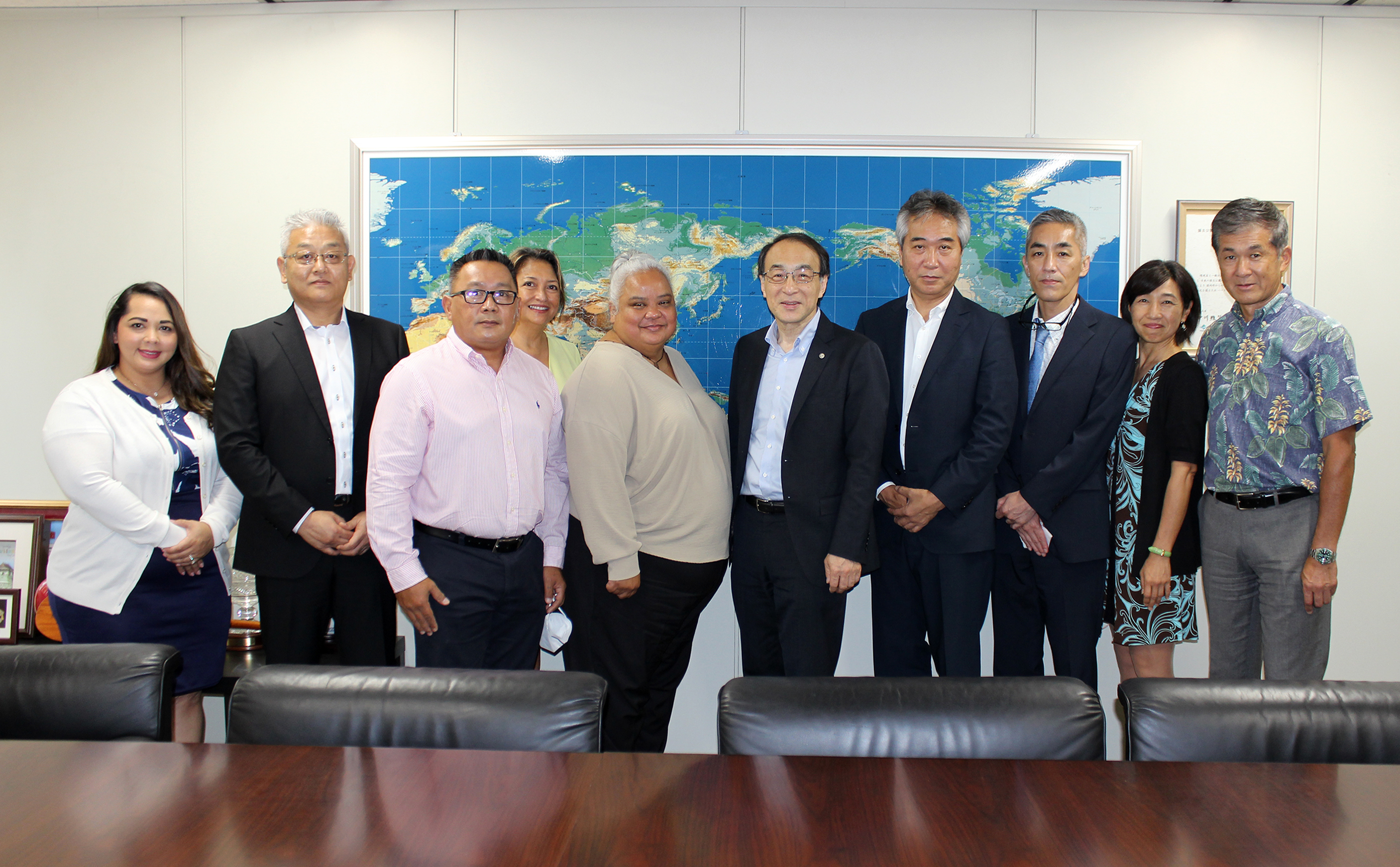 Marianas Visitors Authority Board Chairwoman Viola Alepuyo, fifth left,  leads  the Marianas delegation in meeting in Tokyo, Japan, on July 6, 2022, with President Tadashi Shimura of the Japan Association of Travel Agents, fifth right.   MVA was in Japan to meet with key travel partners in anticipation of direct flight service between Tokyo and Saipan beginning Sept. 1, 2022.  From left, MVA Managing Director Priscilla M. Iakopo, Japan Tourism Resumption Investment Plan or TRIP Chairman Masaru  Sunaga,  TRIP  Chairman  Ivan  Quichocho,  MVA Board  Vice Chairwoman Gloria  Cavanagh, Alepuyo, Shimura, JATA Director of Outbound Travel Promotion Division Masahiko Inada, JATA Deputy General Manager of Outbound Travel Promotion Division Shoji Komoda, MVA Japan Sales Manager Kyoko Okabe, and MVA Japan In-country Manager Takashi Ichikura.