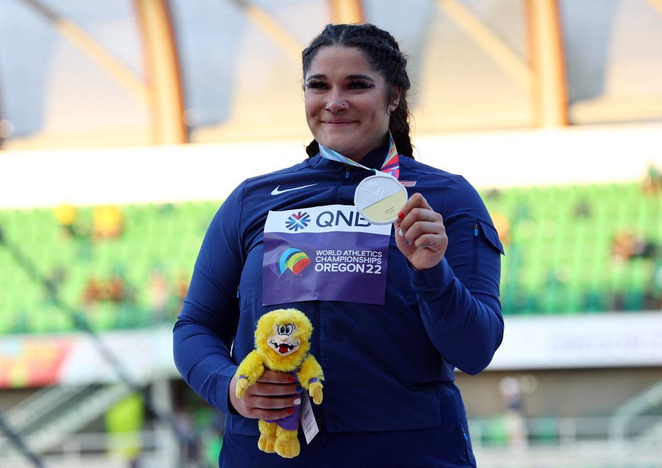 Gold medalist Chase Ealey of the U.S. poses on the podium after winning the women's shot put final in the World Athletics Championships at Hayward Field in Eugene, Oregon on July 16, 2022.