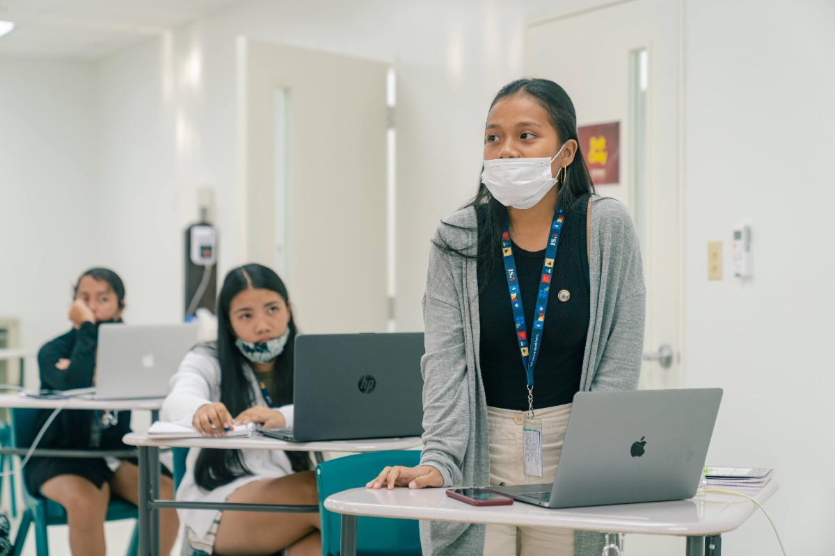 Evelynn Pedrus, a JSA Civics Institute Micronesia participant from Xavier High School in the Federated States of Micronesia, introduces during the first day of classes.