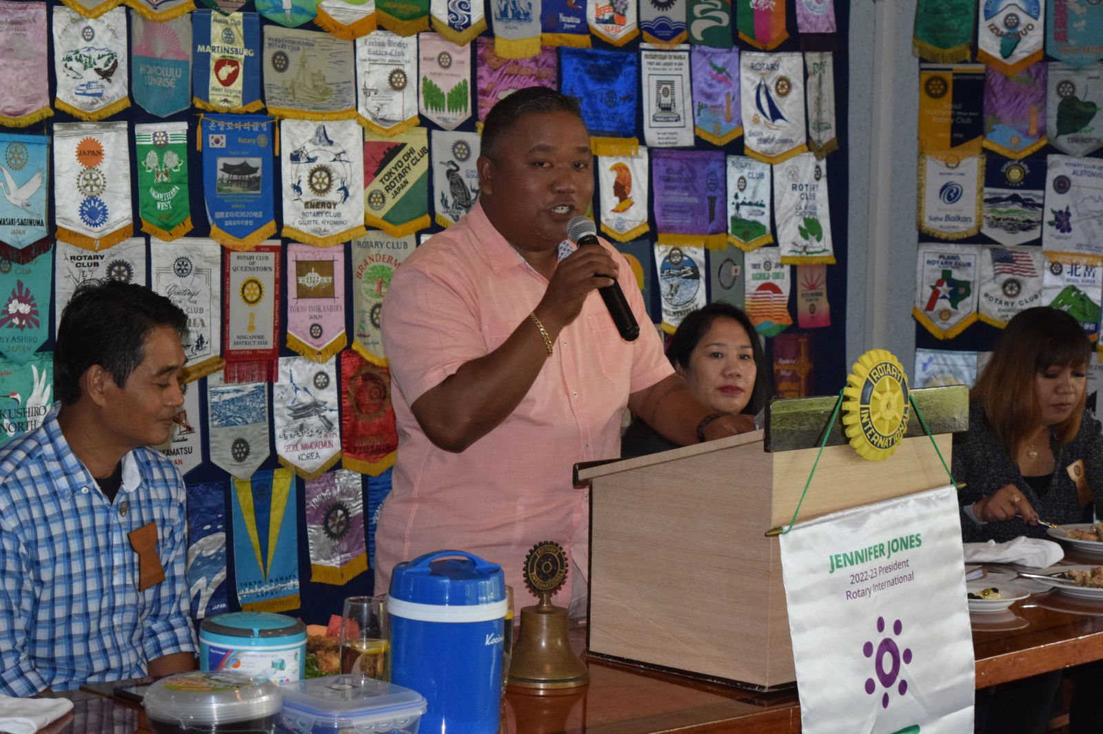 House Minority Leader Angel A. Demapan speaks before the members of the Rotary Club of Saipan at the  Hyatt Regency Saipan's Giovanni’s Restaurant on Tuesday. Also in photo are Rotary Club President Wendell Posadas, left, Secretary Joann Aquino, second right, and Vice President Jessy Loomis, right.