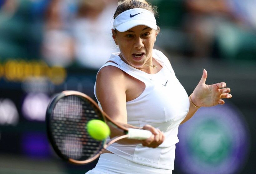 Amanda Anisimova of the U.S. in action during her fourth round match against France's Harmony Tan at Wimbledon in London, Britain, July 4, 2022.