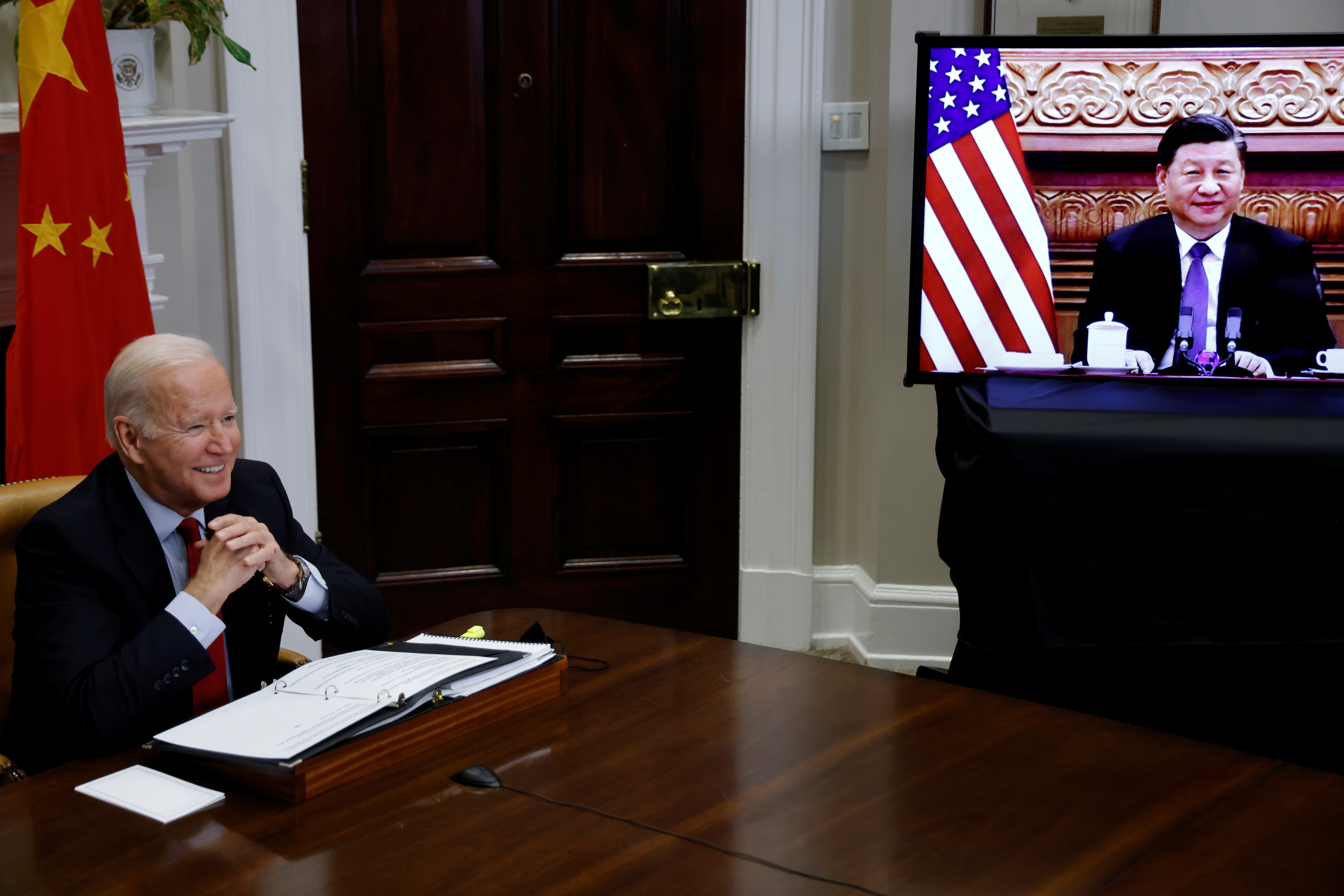 President Joe Biden speaks virtually with Chinese leader Xi Jinping from the White House in Washington, D.C. Nov. 15, 2021.