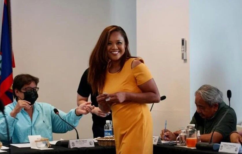 Sabrina Salas Matanane, candidate for lt. governor, smiles Friday at the Guam Election Commission office after drawing the No. 2 ballot placement for the island’s primary election set for Aug. 27, 2022.
