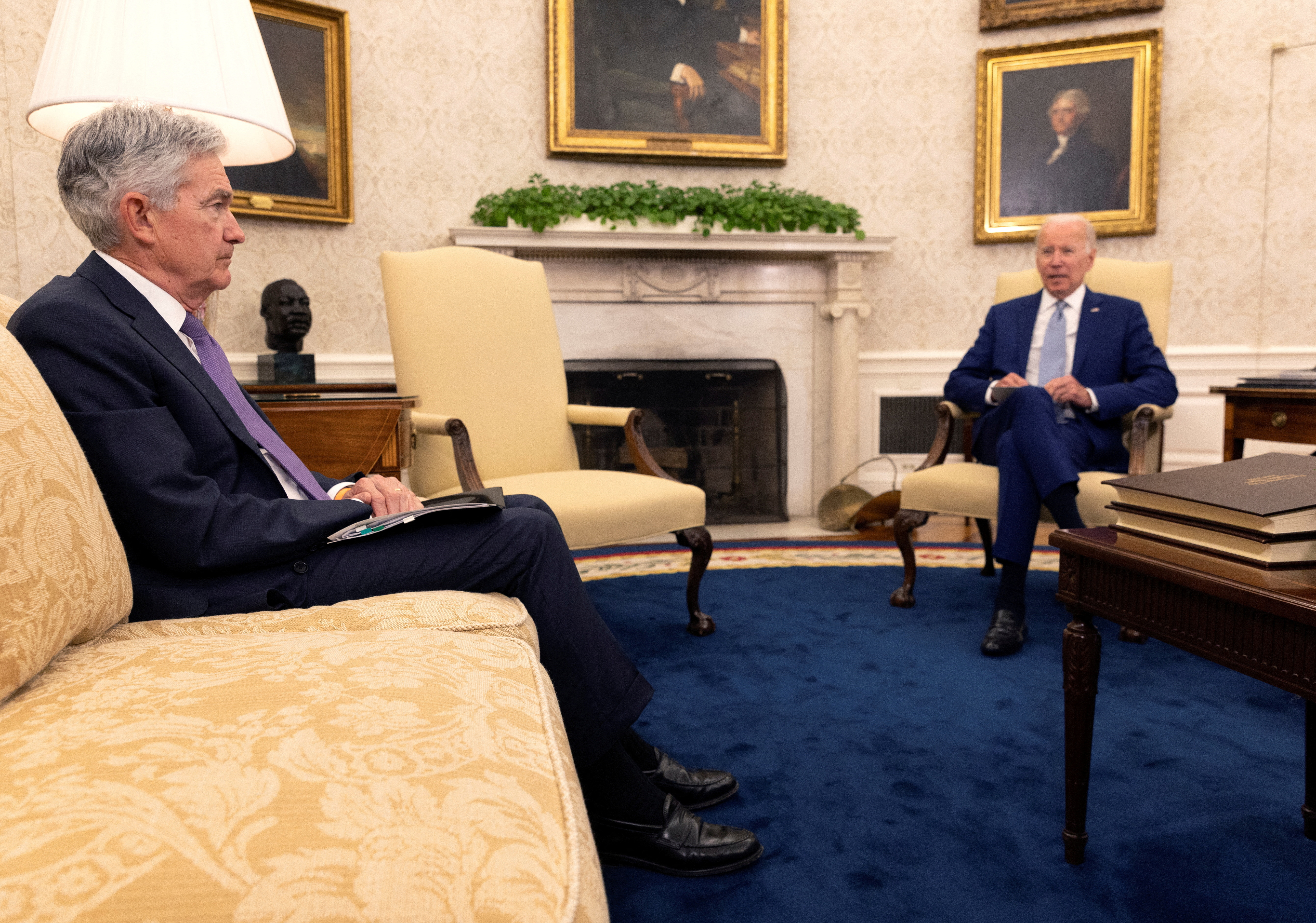 President Joe Biden meets with Federal Reserve Chair Jerome Powell and  Treasury Secretary Janet Yellen — not in photo — to talk about the economy in the Oval Office at the White House in Washington, D.C.,  May 31, 2022.