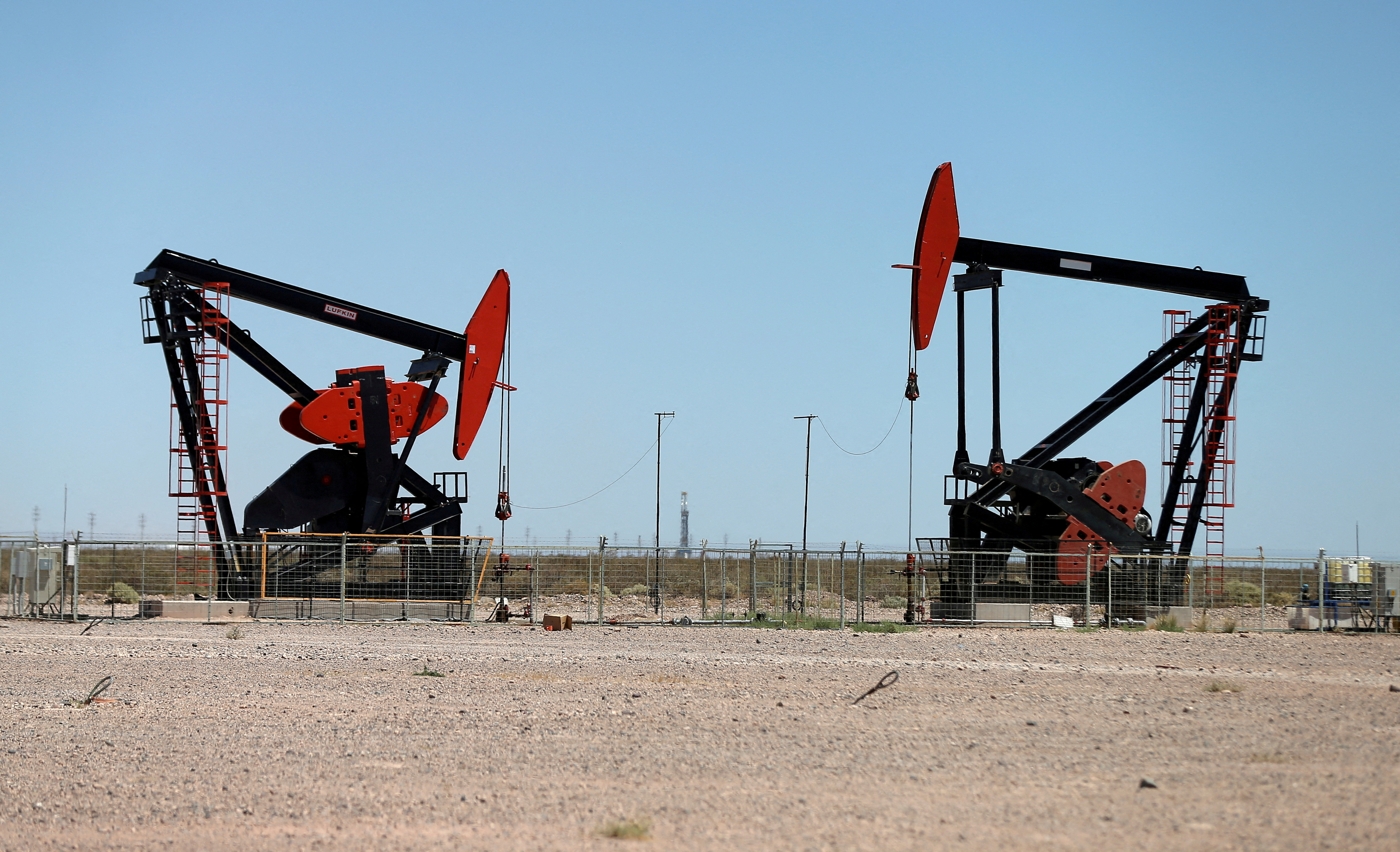 Oil pump jacks are seen at the Vaca Muerta shale oil and gas deposit in the Patagonian province of Neuquen, Argentina, Jan. 21, 2019.