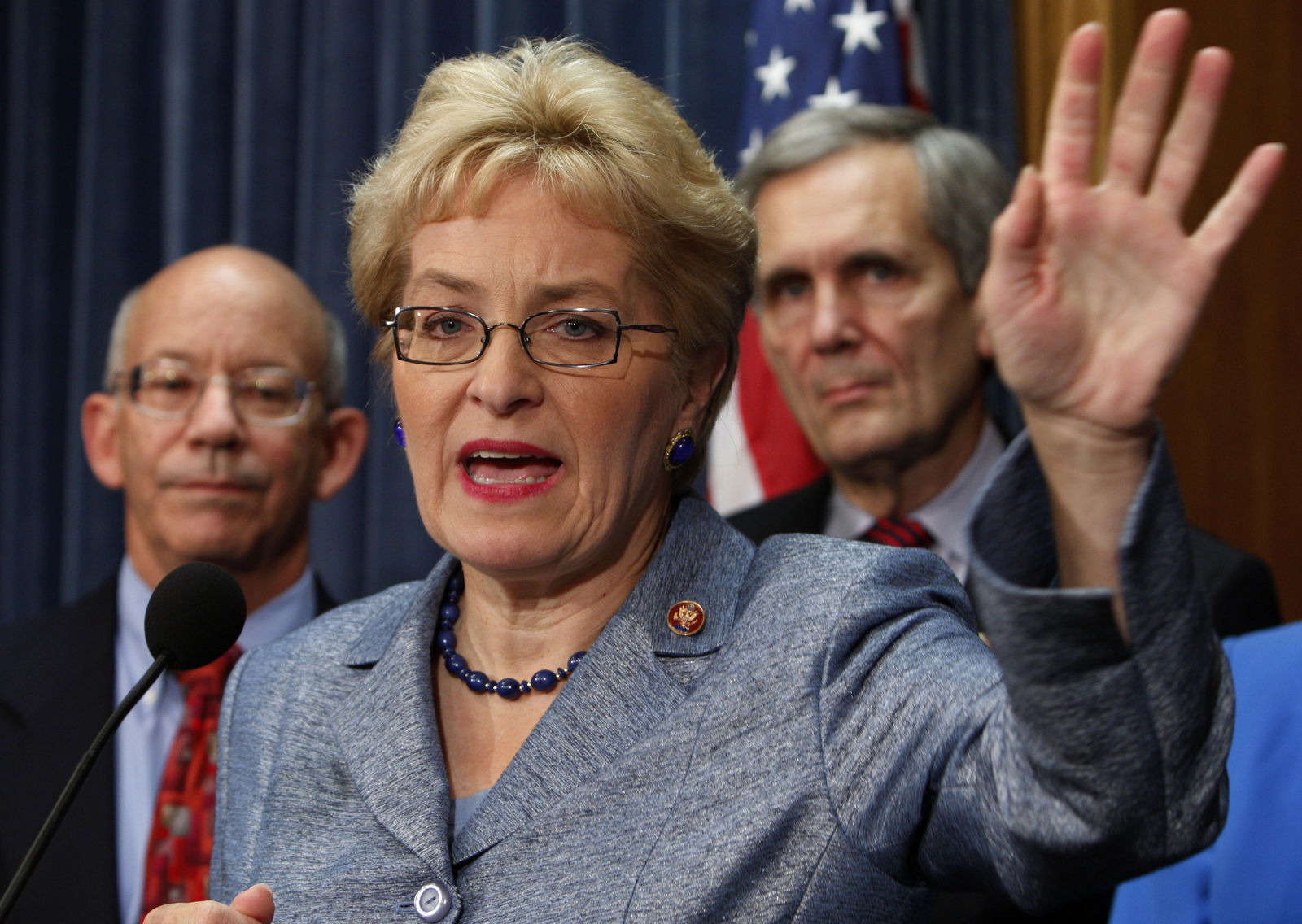 U.S. House Democrats conduct a media briefing on Capitol Hill in Washington, D.C. Sept. 30, 2008. They are Reps. Marcy Kaptur, Peter DeFazio and Lloyd Doggett.