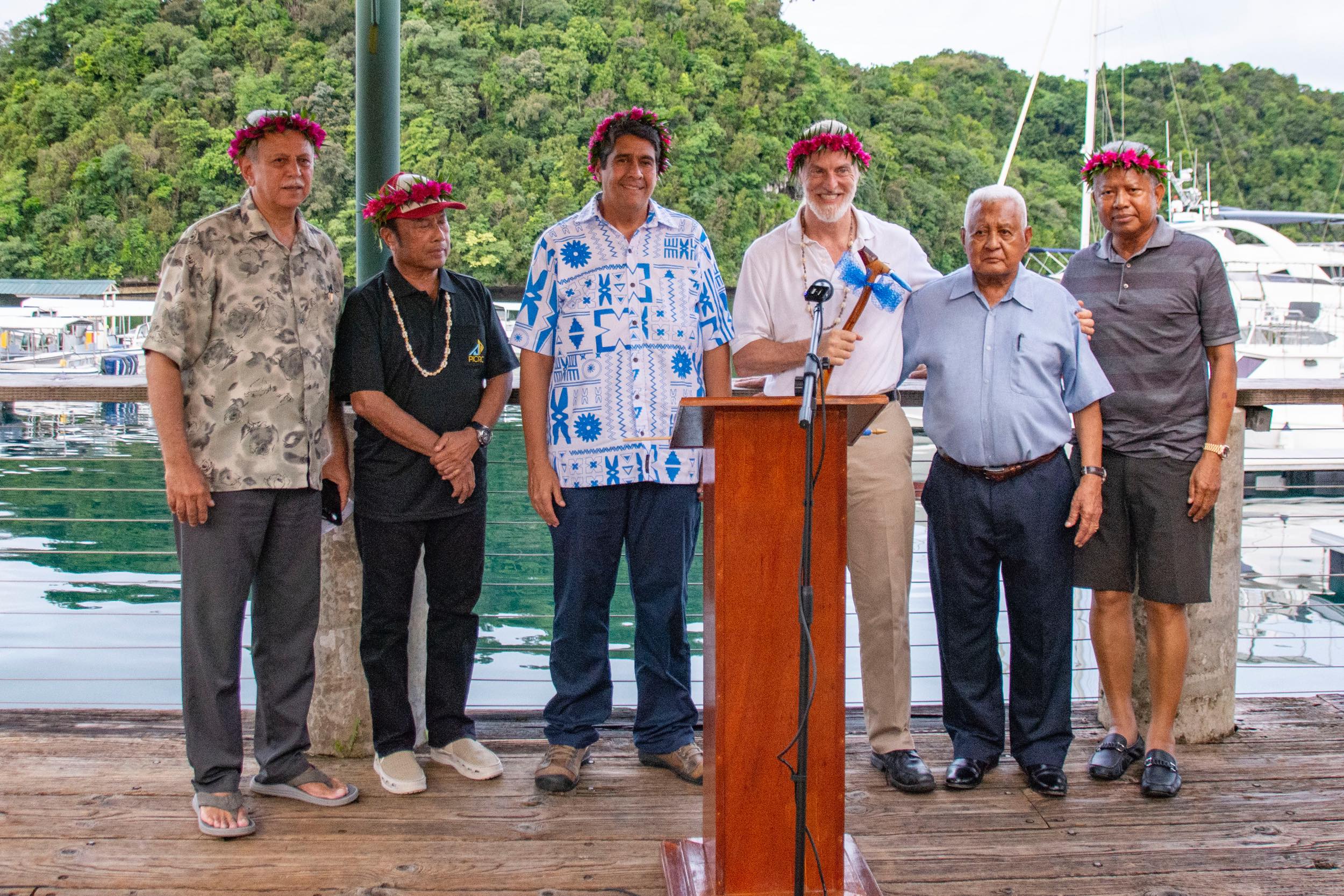 Alan Seid, former President Tommy Remengesau Jr., President Surangel Whipps, Victor Vescovo, High Chief Reklai and Shallum Etpison.