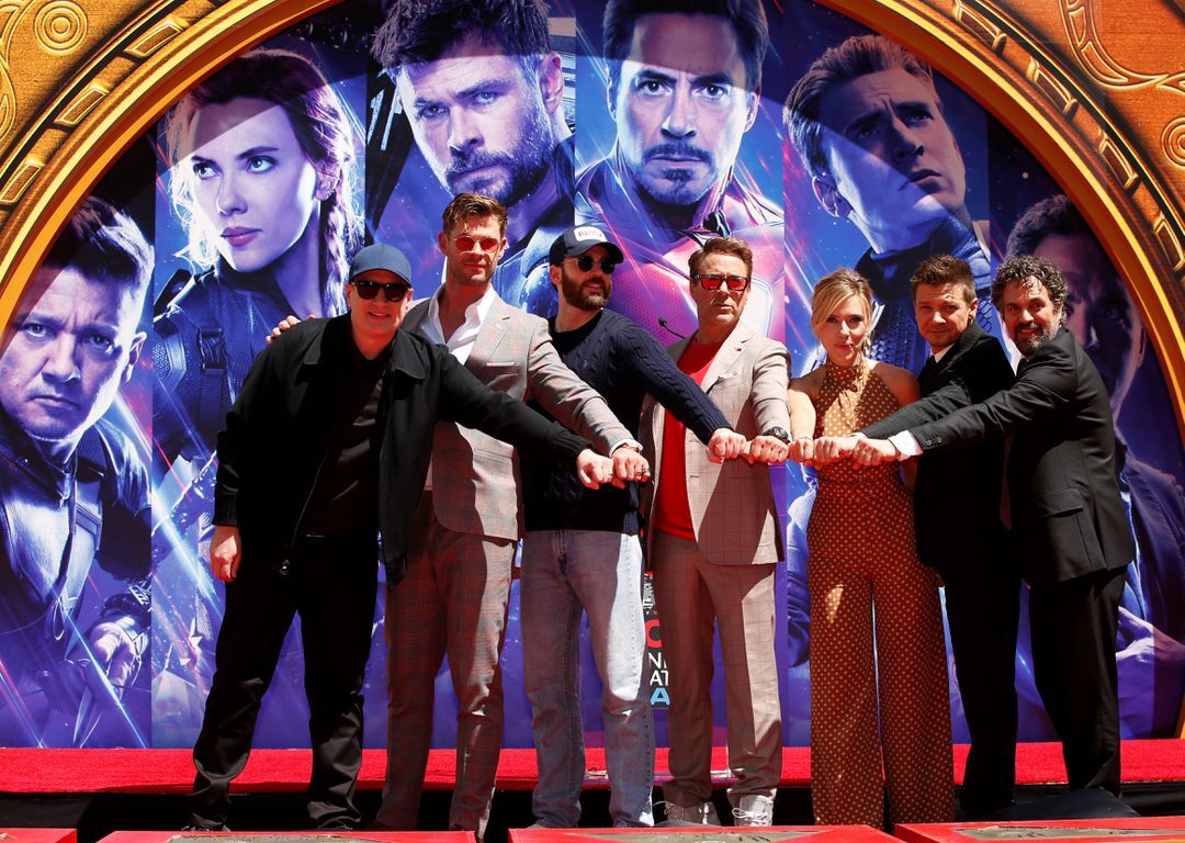 Actors Robert Downey Jr., Chris Evans, Mark Ruffalo, Chris Hemsworth, Scarlett Johansson, Jeremy Renner and Marvel Studios President Kevin Feige pose for a photo during the handprint ceremony at the TCL Chinese Theatre in Hollywood, Los Angeles, California, April 23, 2019.