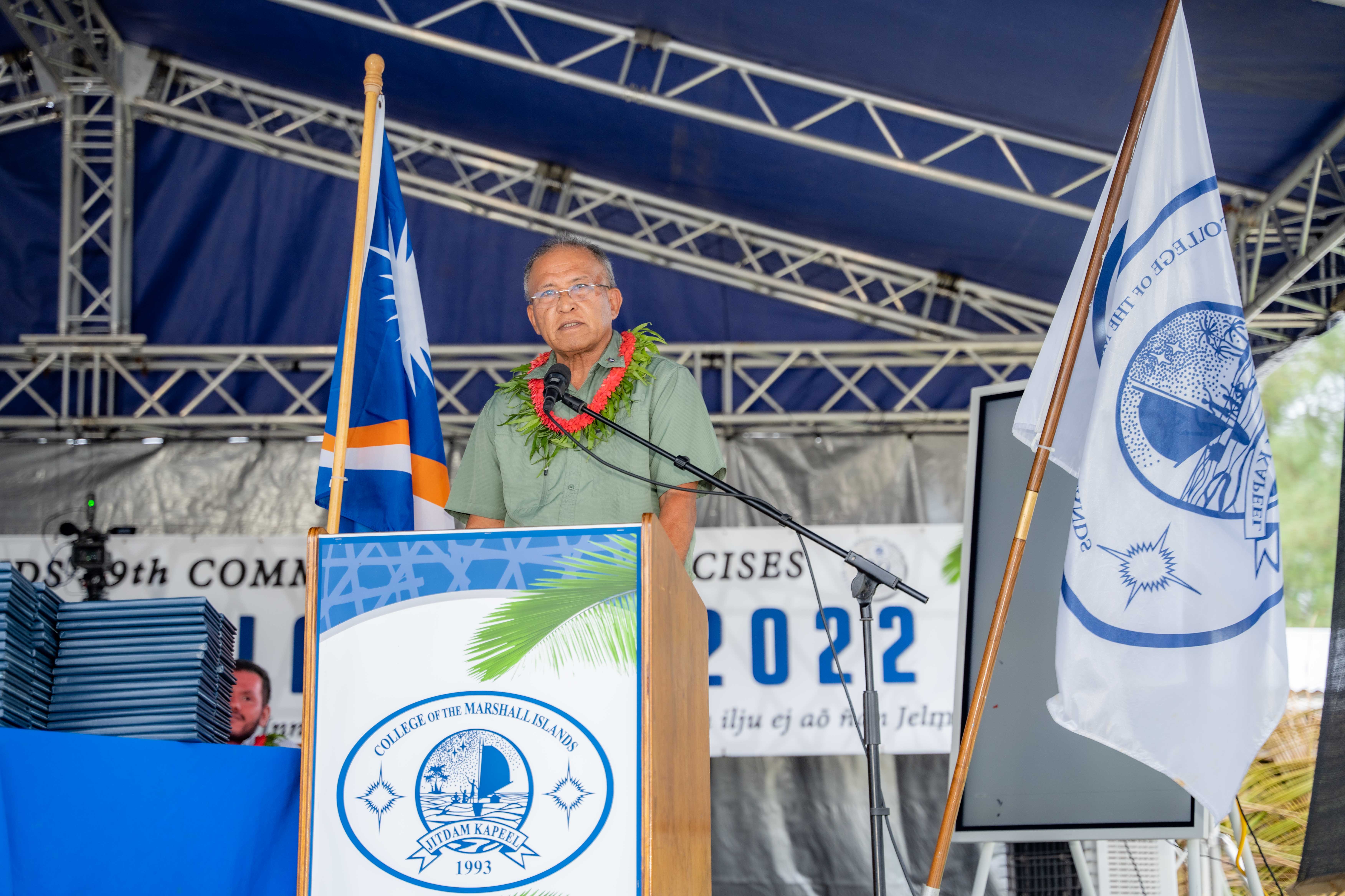 Marshall Islands President David Kabua delivers a speech during a graduation ceremony of the College of the Marshall Islands in May 2022.